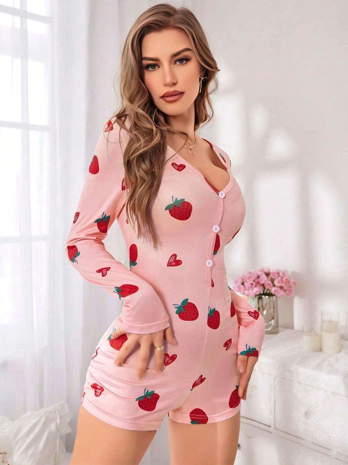 Nemere Kadın Pembe Çilek Desenli Pijama Tulumu Yumuşak Rahat Ev Giyimi Şık Özel Tasarım görsel 3