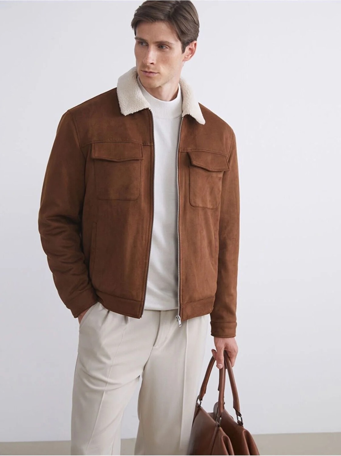 LC Waikiki Lcw Vision Kahverengi Slim Fit Kürk Yaka Süet Erkek Mont görsel 2