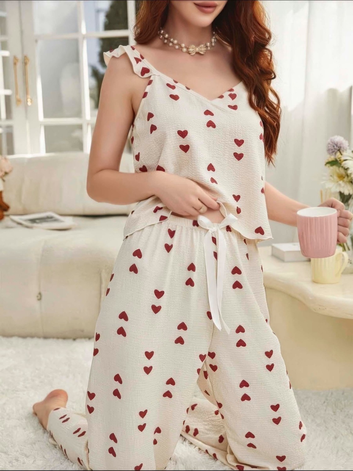 Bezos Kadın Ekru Kırmızı Desenli Yumuşak Pamuklu Uzun Pijama Takımı 5136 görsel 2
