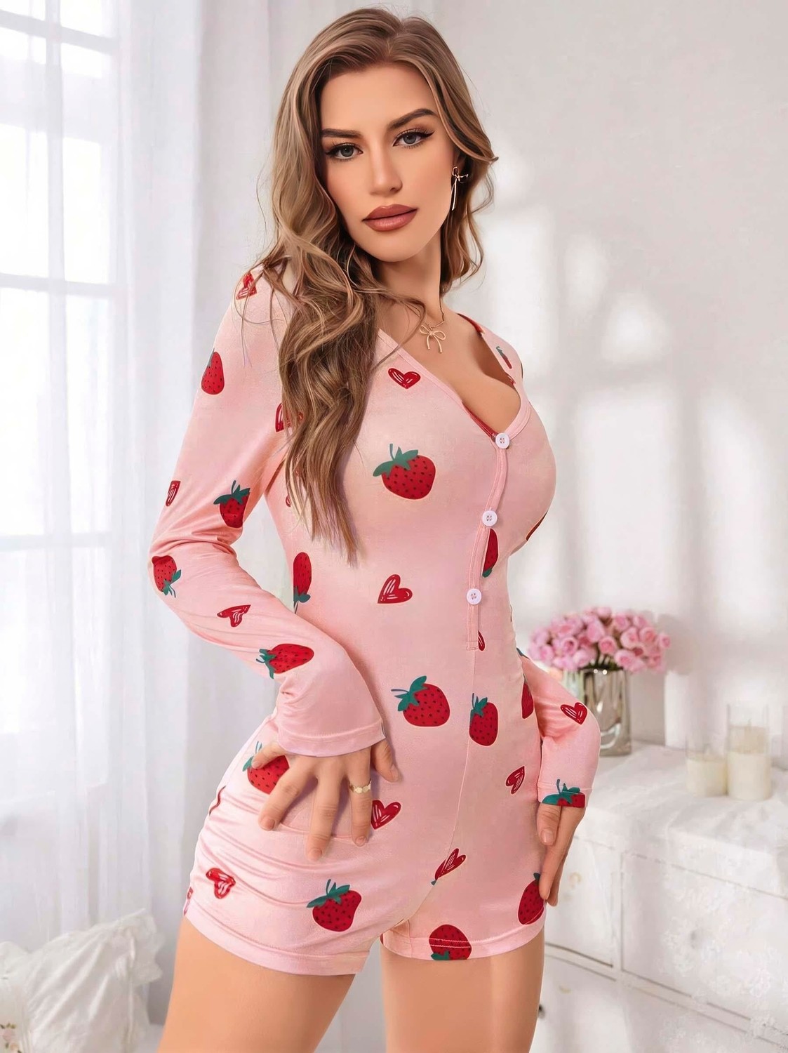 Bezos Kadın Pembe Çilek Desenli Pijama Tulumu 5125 görsel 2