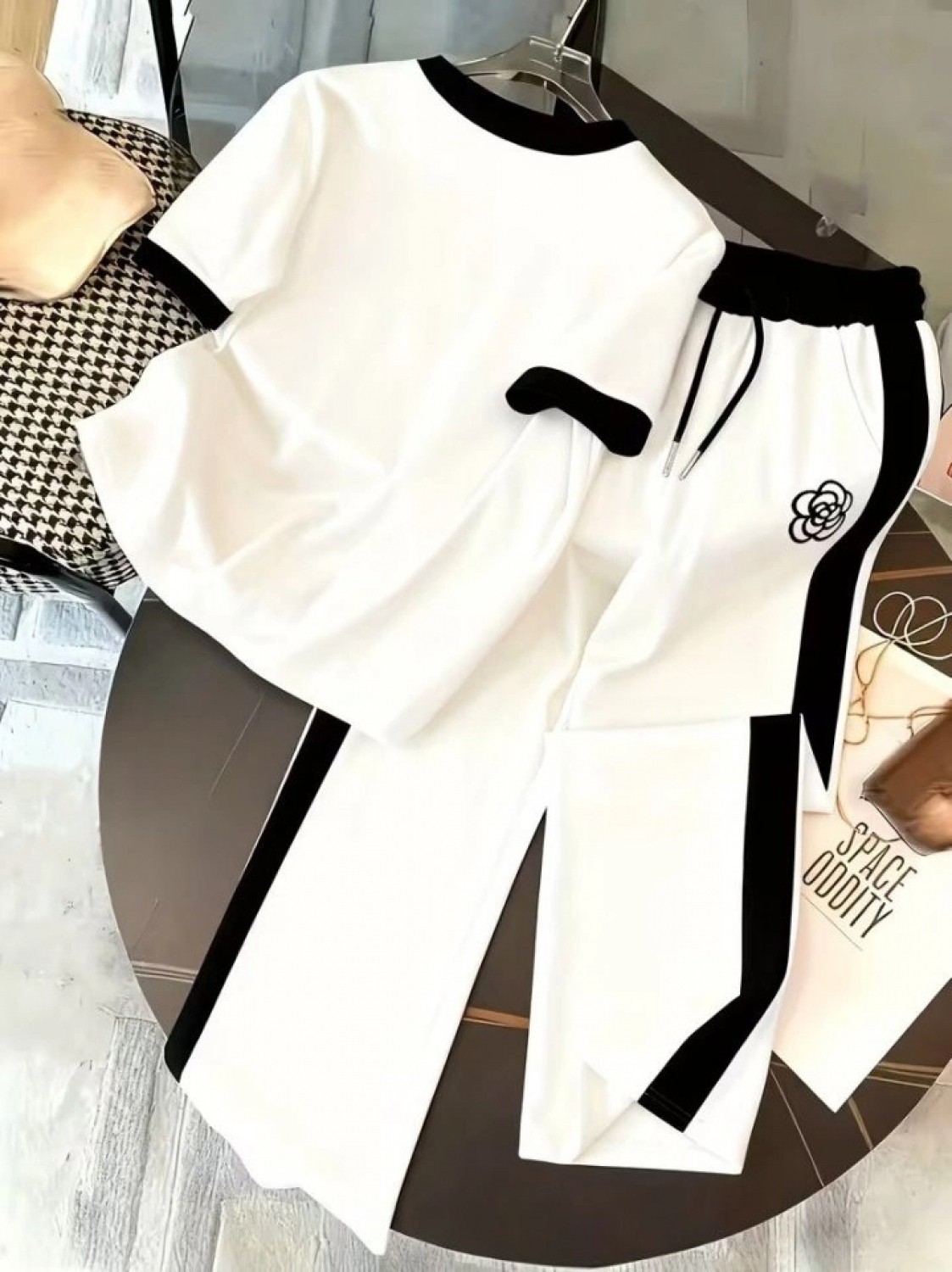 Pileli Store Kadın Kısa Kollu Bisiklet Yaka Viskon Iki Iplik Bluz ve Pantolon Ikili Takım görsel 4