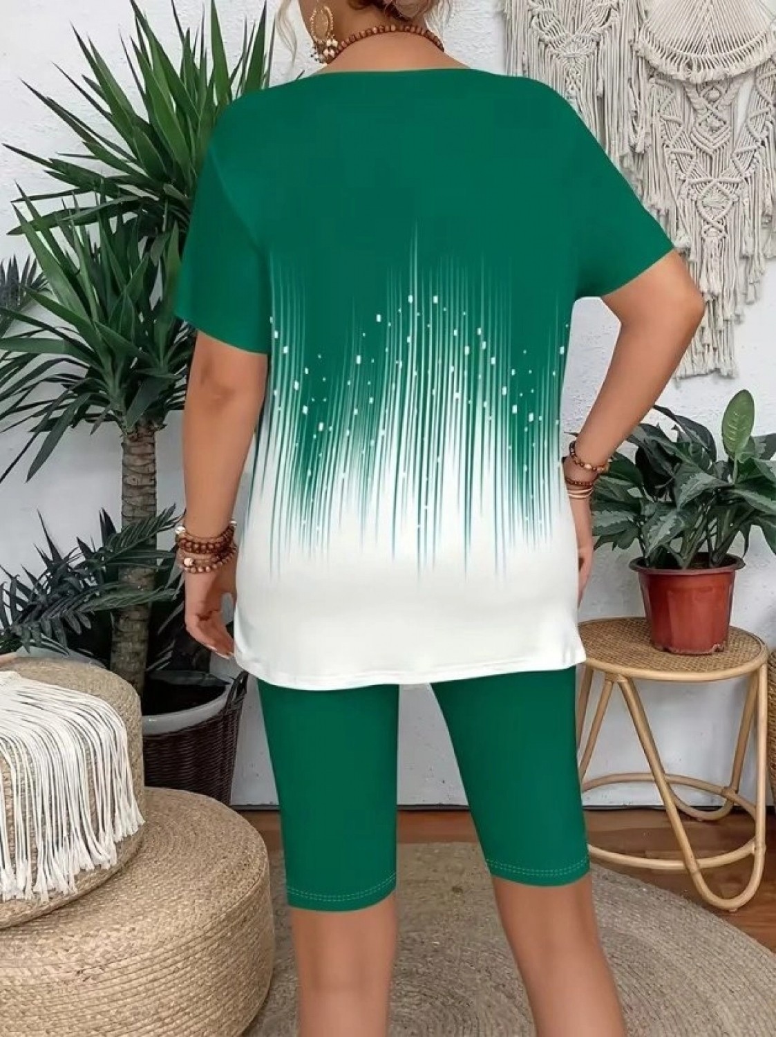 Pileli Store Kadın Kısa Kollu Bisiklet Yaka Desenli Dalgıç Bluz ve Tayt Ikili Takım görsel 3