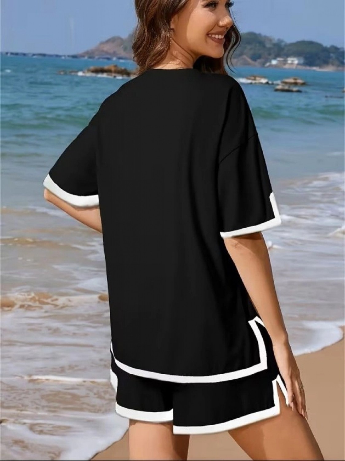 Pileli Store Kadın Kısa Kollu Bisiklet Yaka Şerit Detaylı Viskon Iki Iplik Bluz ve Kısa Short Ikili Takım görsel 3
