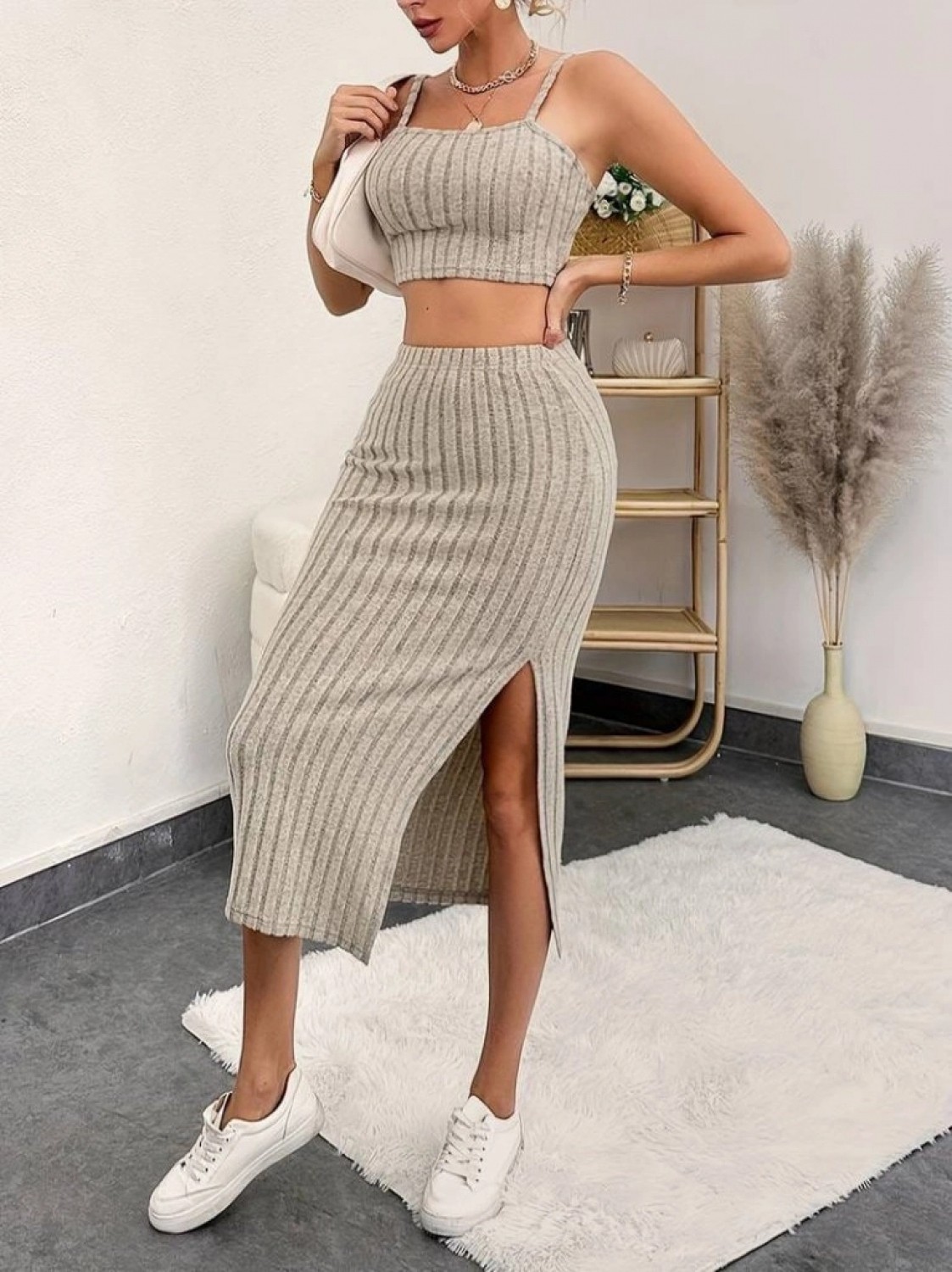 Pileli Store Kadın Kolsuz Askılı Crop Yırtmaçlı Midi Etek Fitilli Kaşkorse Takım görsel 2