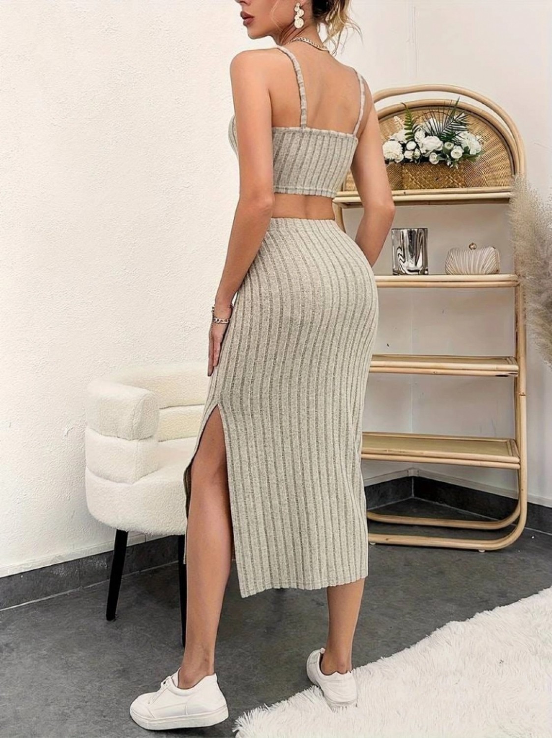 Pileli Store Kadın Kolsuz Askılı Crop Yırtmaçlı Midi Etek Fitilli Kaşkorse Takım görsel 5