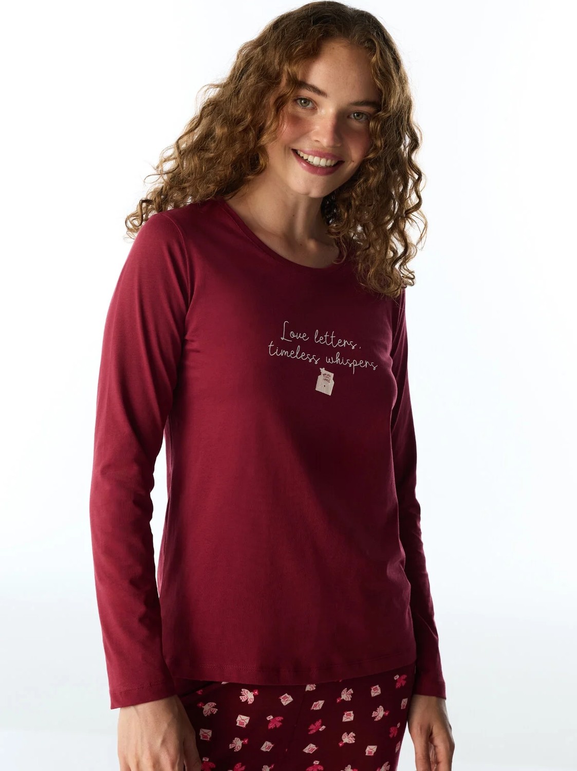 Penti Bordo Letters Kuş Desenli Uzun Kollu Pantolon Pijama Takımı görsel 3