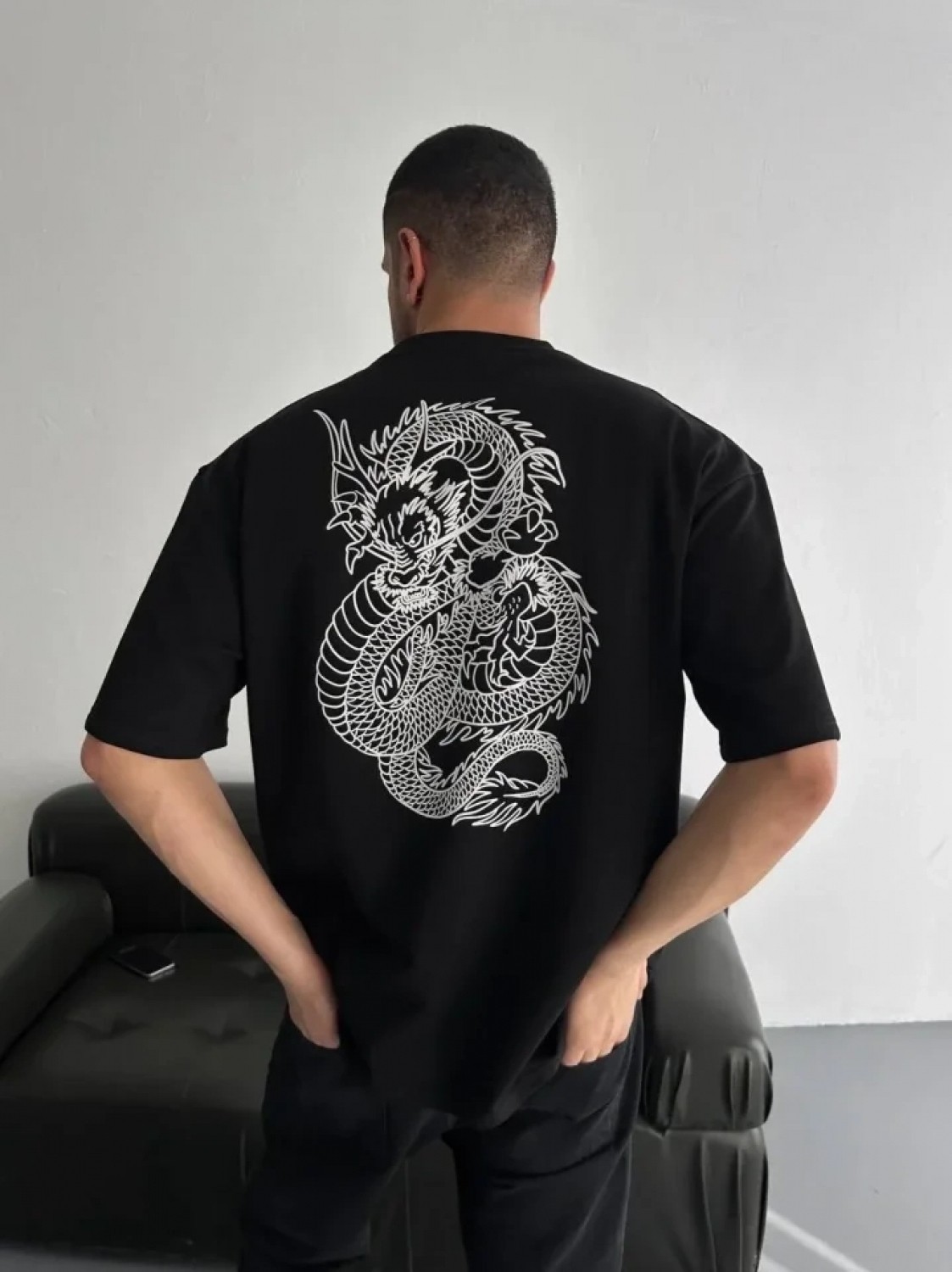 Pileli Store Baskılı Oversize Bisiklet Yaka T-Shirt - Siyah görsel 3