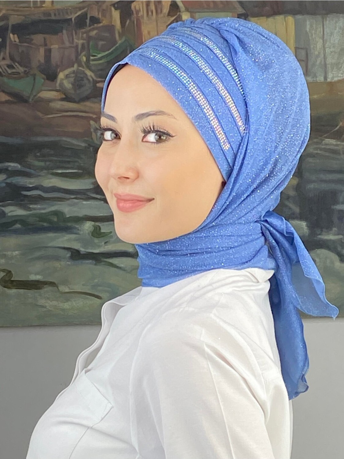 Butik Ambar Lüks Topkapı Model Taşlı Simli Kısa Abiye Indigo Hazır Şal - Mavi - Butik Ambar görsel 3