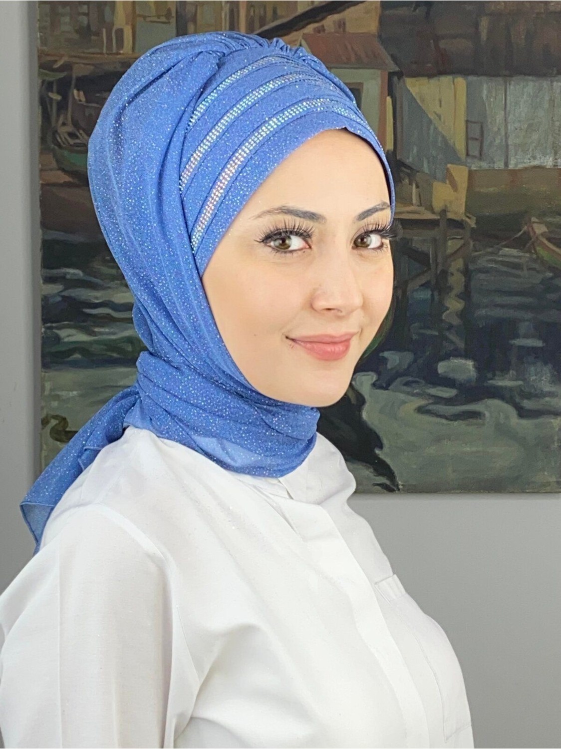 Butik Ambar Lüks Topkapı Model Taşlı Simli Kısa Abiye Indigo Hazır Şal - Mavi - Butik Ambar görsel 4