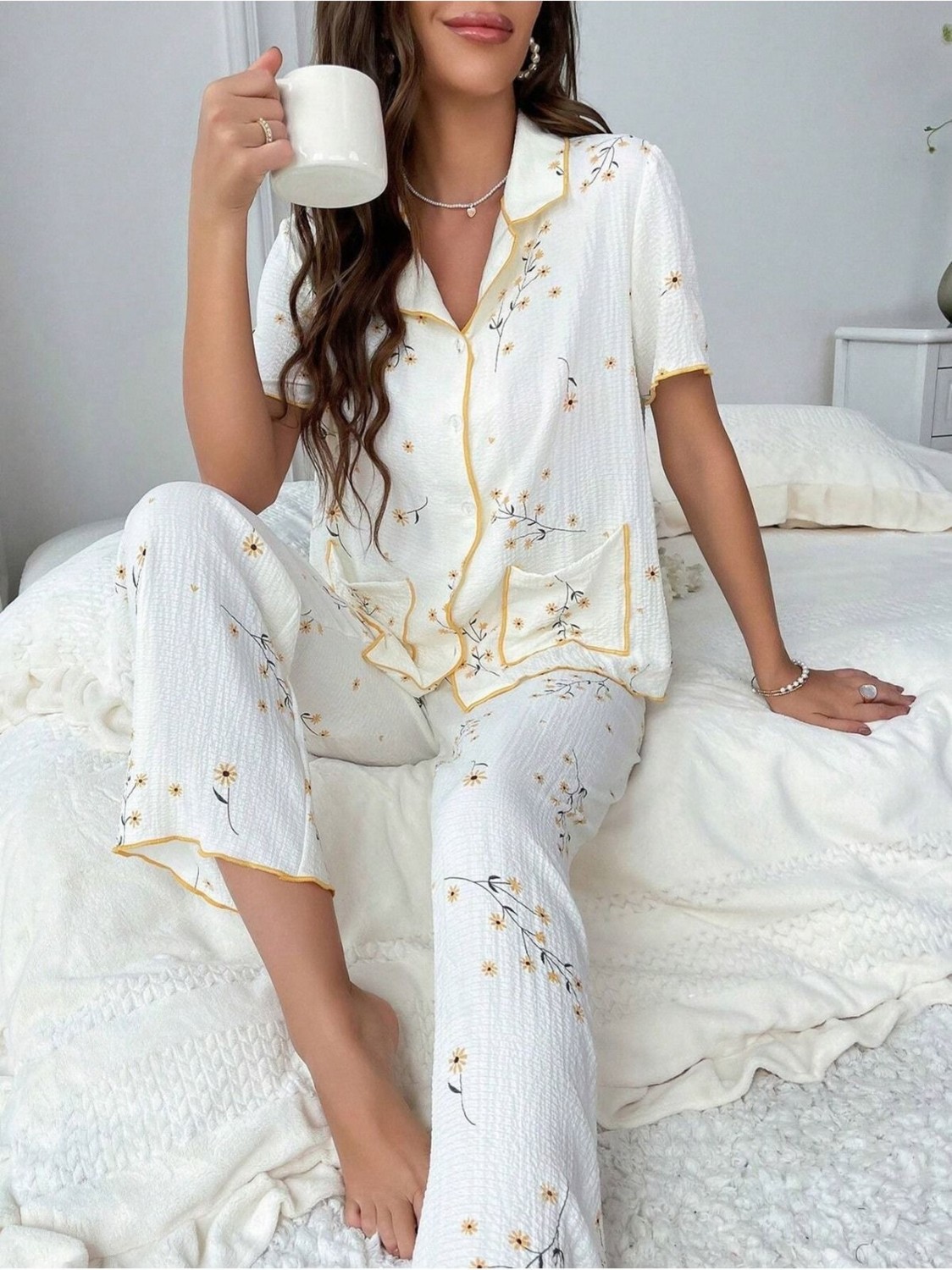 Bella Notte Çiçek Baskılı Cep Detaylı Düğmeli Günlük Pijama Takımı görsel 2