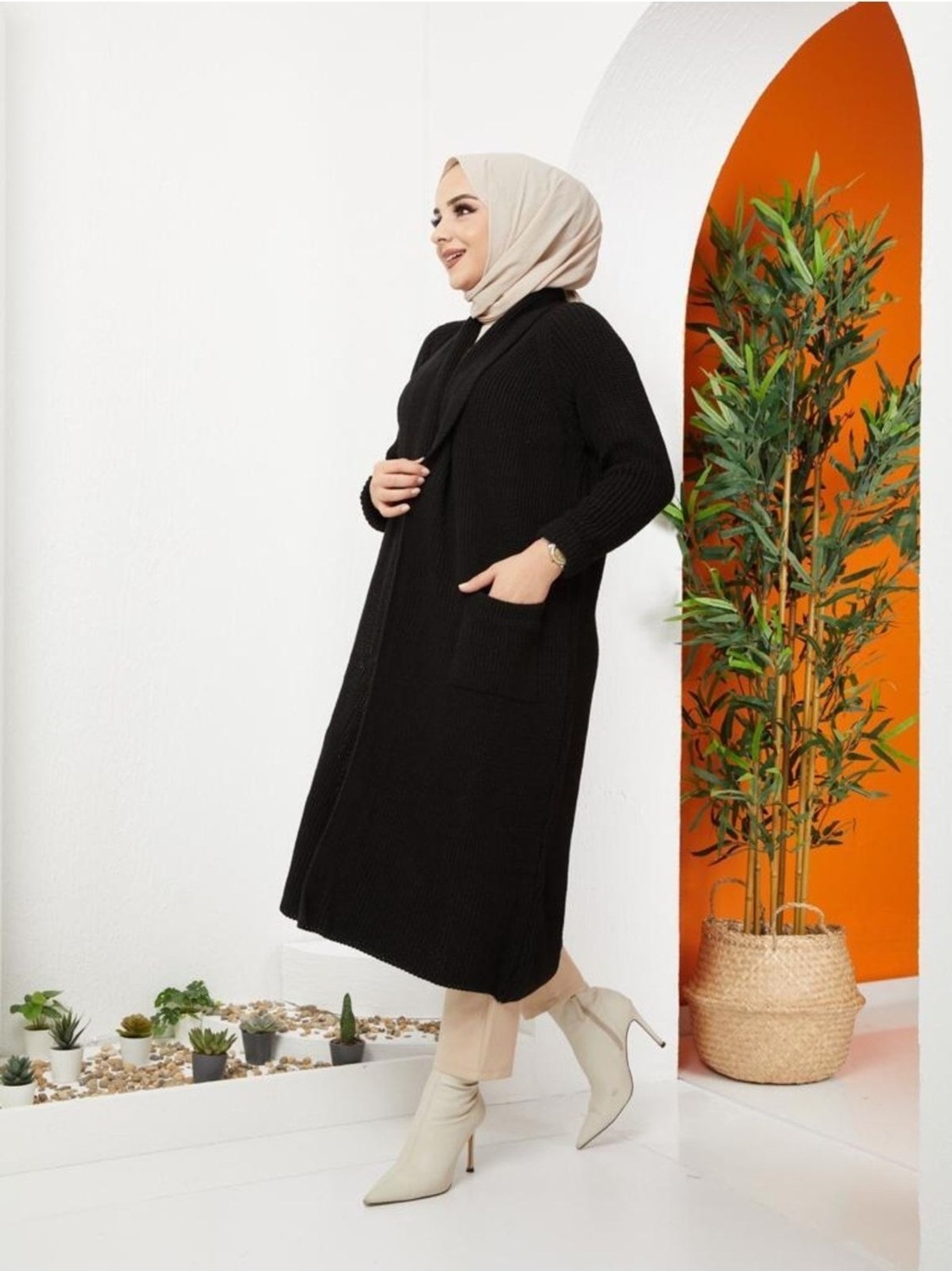 Pamuk Butik Kadın Kışlık Salaş Cepli Uzun Hırka Antrasit Renkli Triko Malzeme ile Şık Tasarım -PMK60 görsel 8
