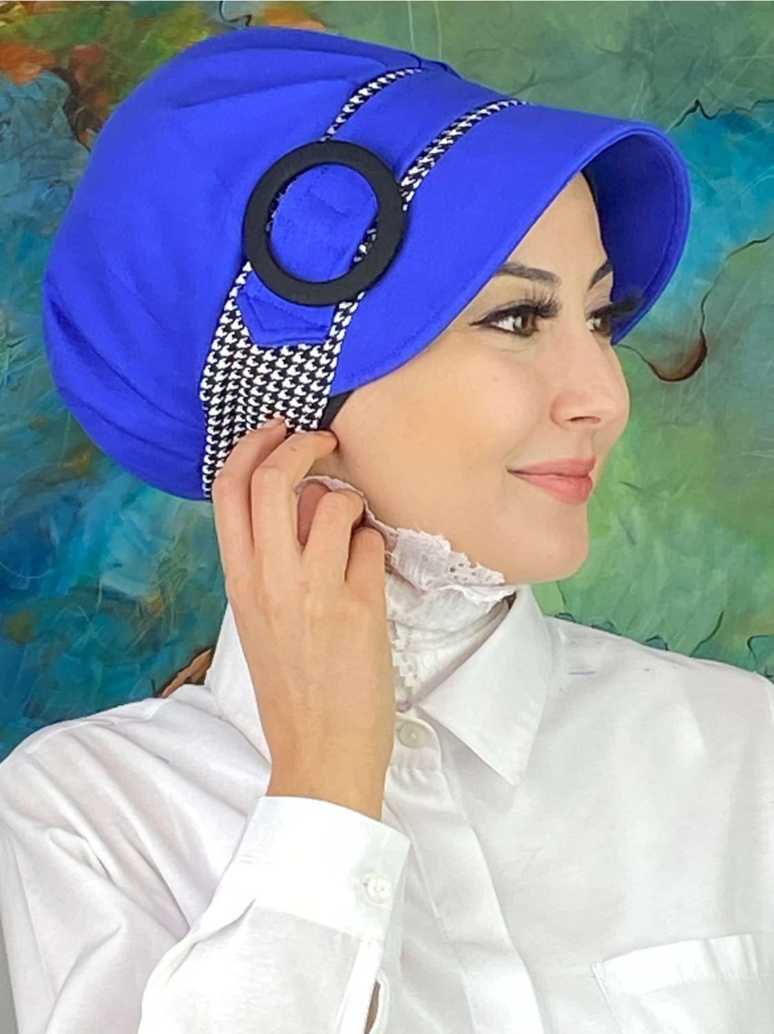 Butik Ambar Nazlı Model Tokalı Iri Siyah Beyaz Kazayaklı Tesettür Şapka