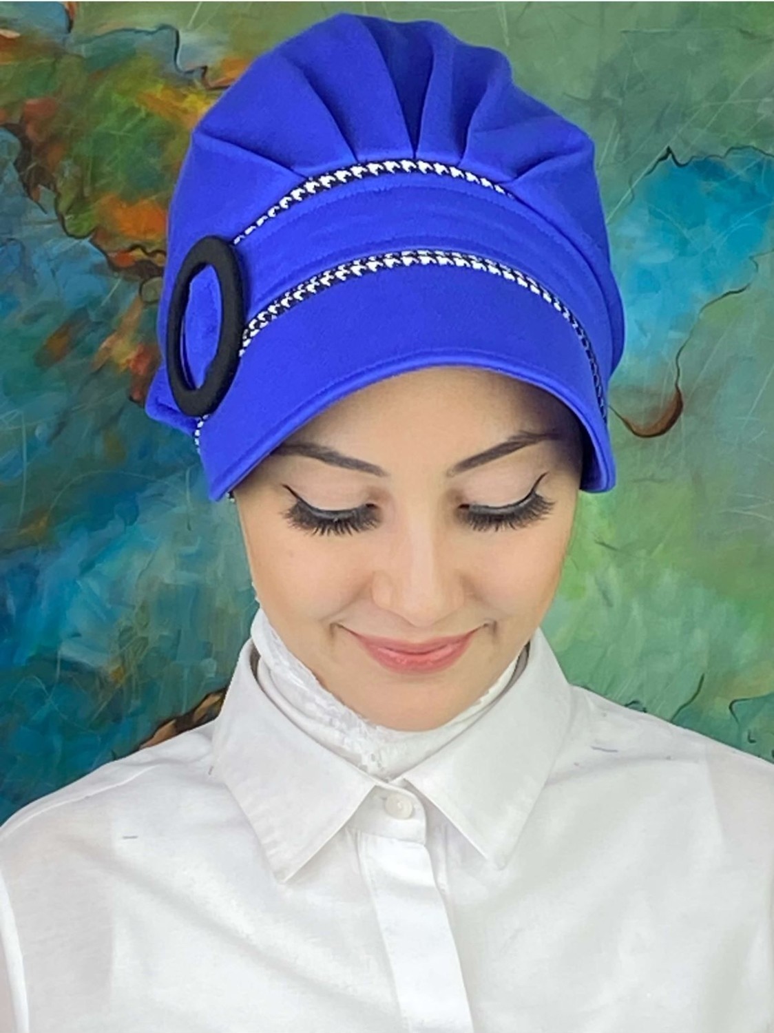 Butik Ambar Nazlı Model Tokalı Iri Siyah Beyaz Kazayaklı Tesettür Şapka görsel 2