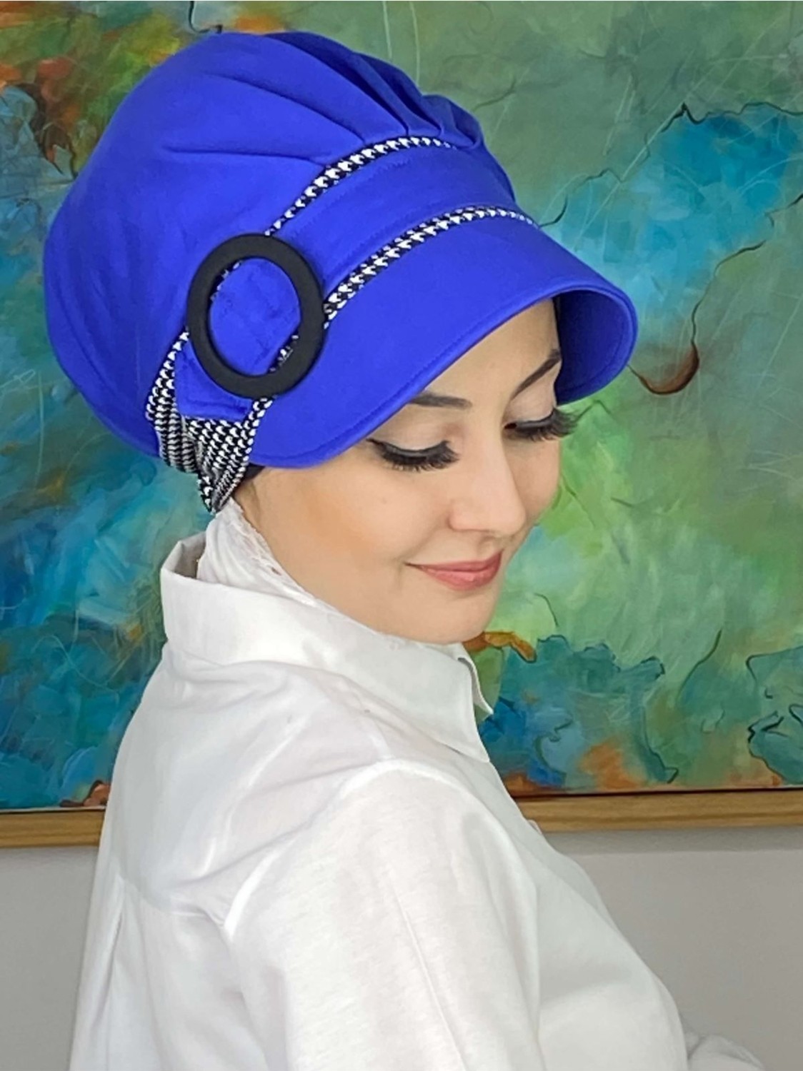 Butik Ambar Nazlı Model Tokalı Iri Siyah Beyaz Kazayaklı Tesettür Şapka görsel 5