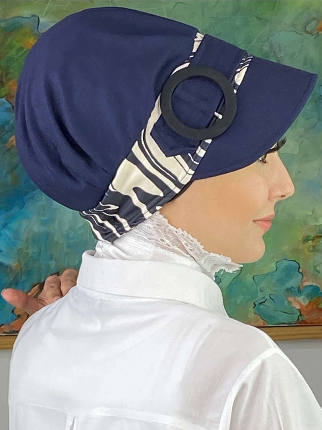 Butik Ambar Nazlı Model Tokalı Ince Krem Zebra Desenli Tesettür Şapka görsel 2