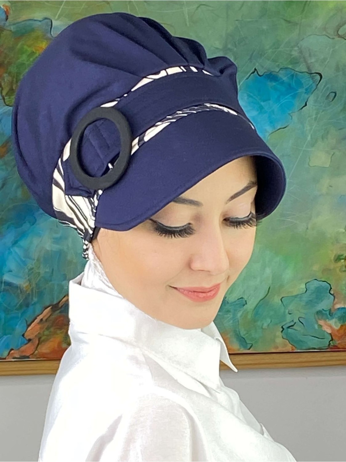 Butik Ambar Nazlı Model Tokalı Ince Krem Zebra Desenli Tesettür Şapka görsel 3
