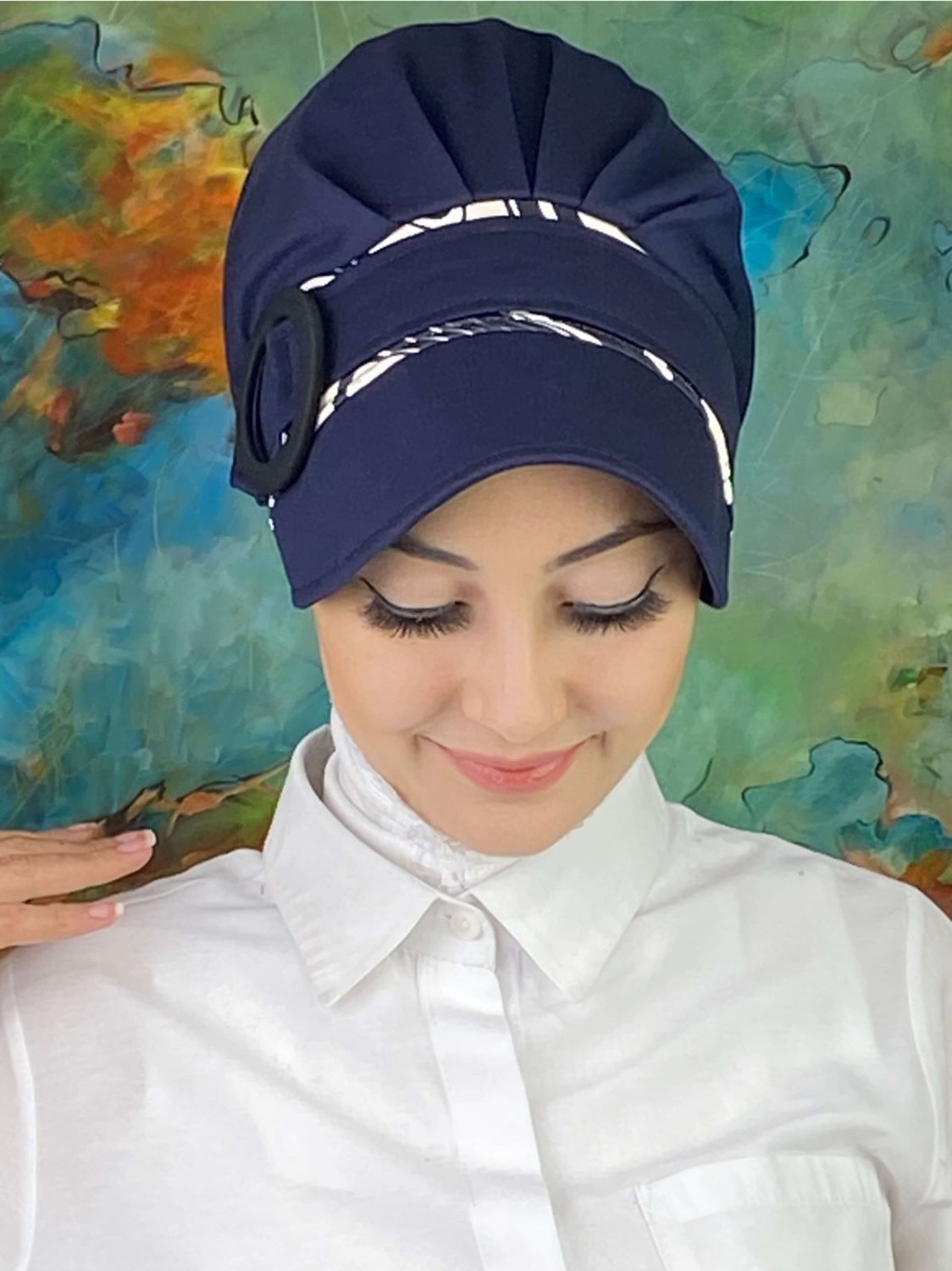 Butik Ambar Nazlı Model Tokalı Ince Krem Zebra Desenli Tesettür Şapka görsel 5