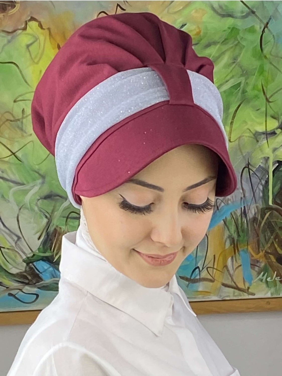 Butik Ambar Cırtcırtlı Açık Gri Simli Şifon Fularlı Şapka görsel 3
