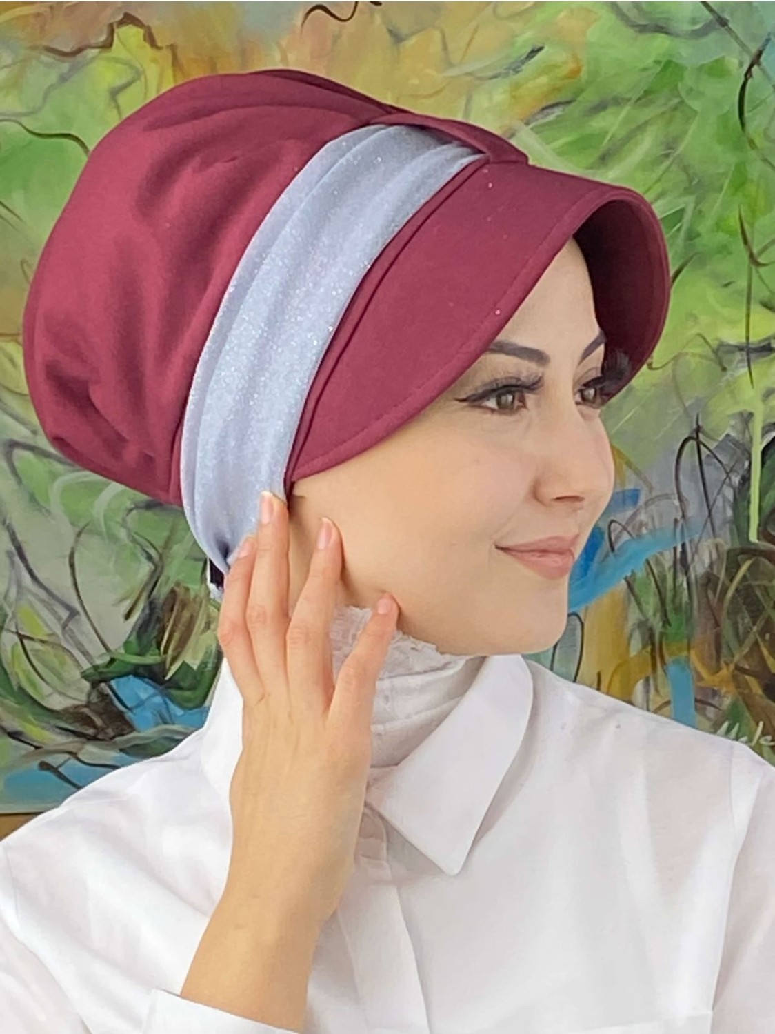 Butik Ambar Cırtcırtlı Açık Gri Simli Şifon Fularlı Şapka görsel 4