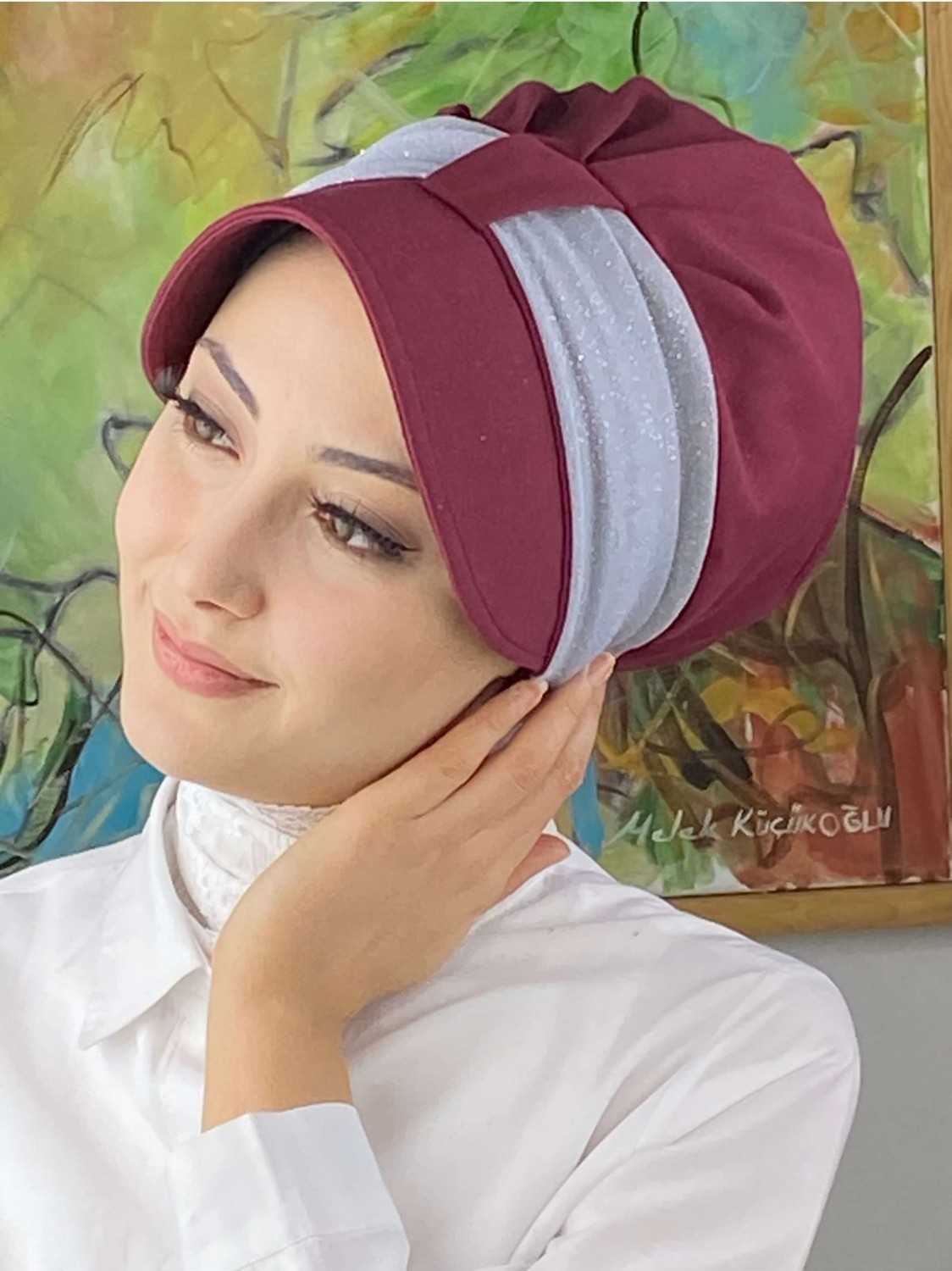 Butik Ambar Cırtcırtlı Açık Gri Simli Şifon Fularlı Şapka görsel 5