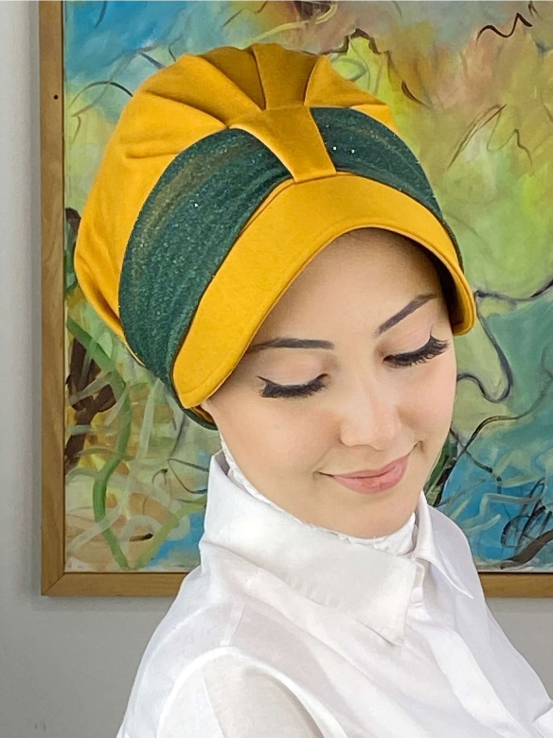 Butik Ambar Cırtcırtlı Nane Yeşili Şifon Fularlı Şapka görsel 4