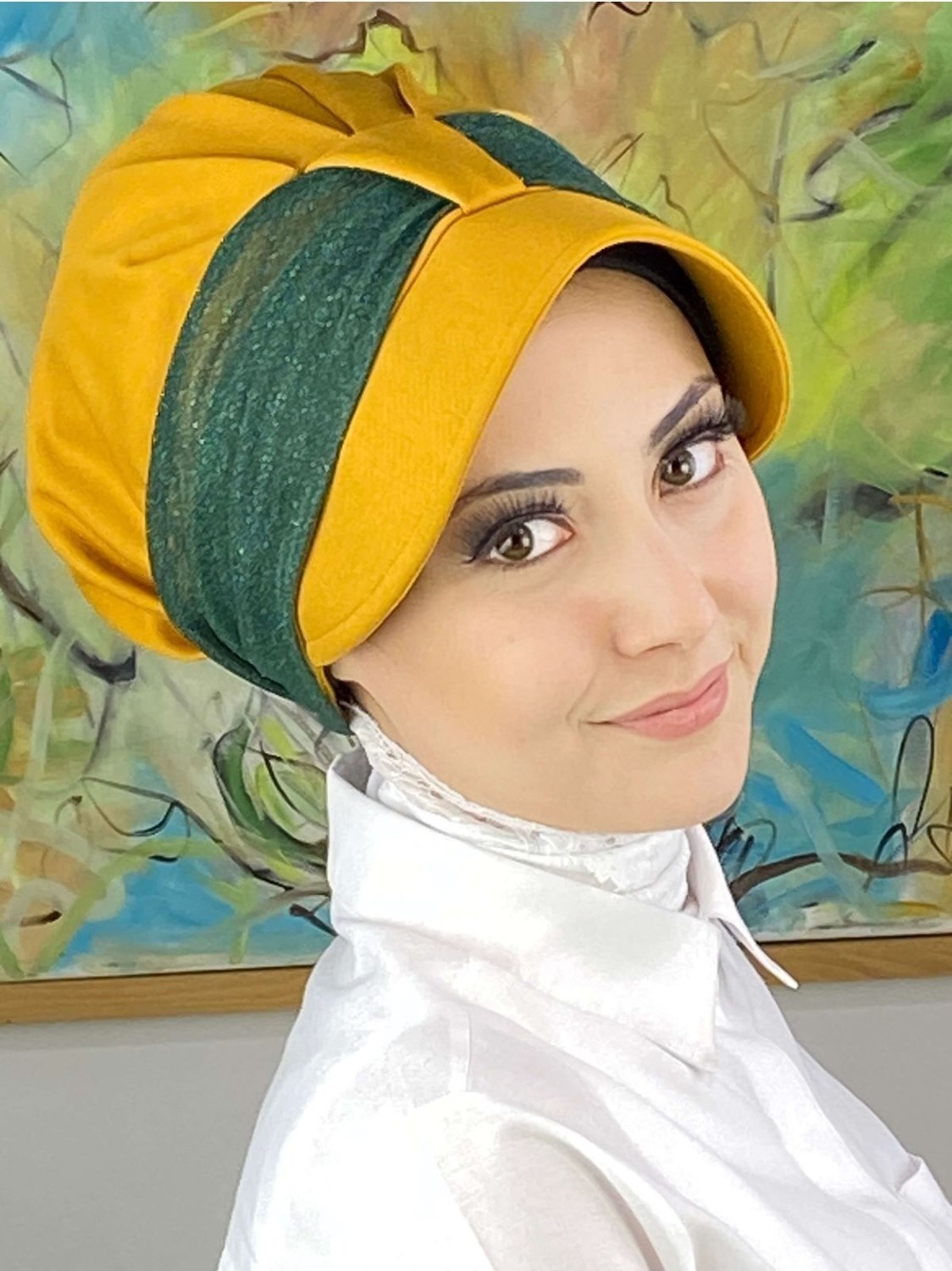 Butik Ambar Cırtcırtlı Nane Yeşili Şifon Fularlı Şapka görsel 5