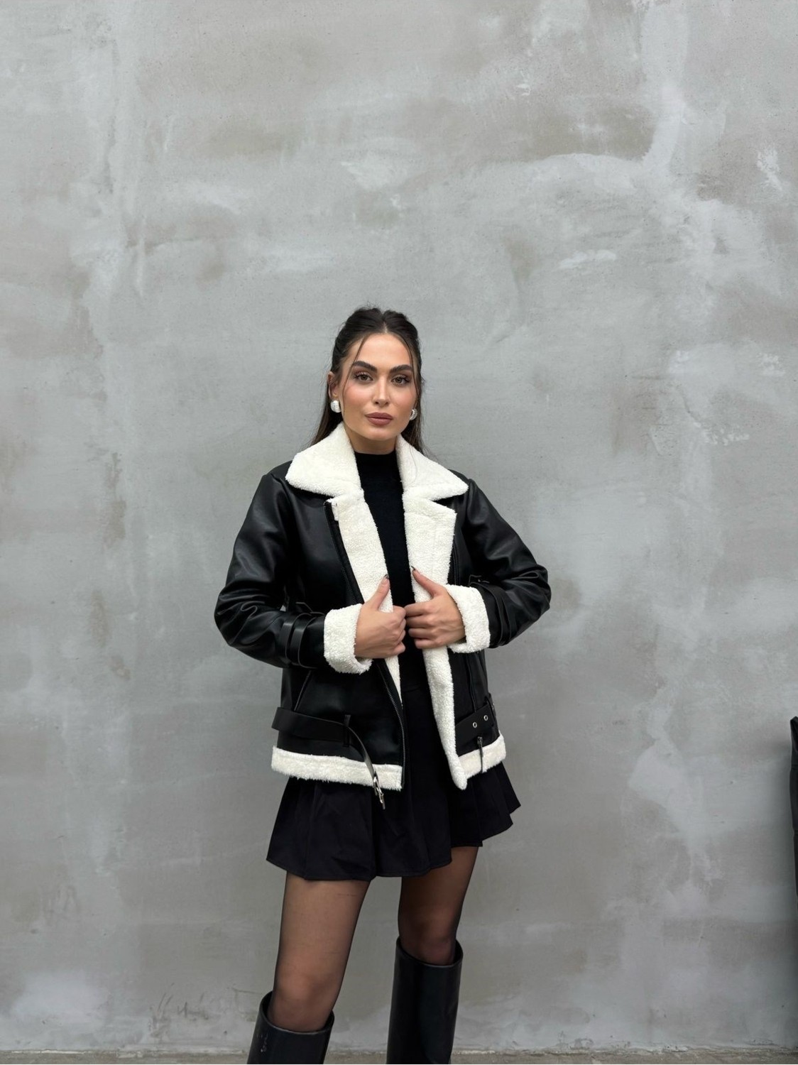 Msm Fashion Kadın Içi Beyaz Kürklü Siyah Kısa Biker Deri Ceket Mont