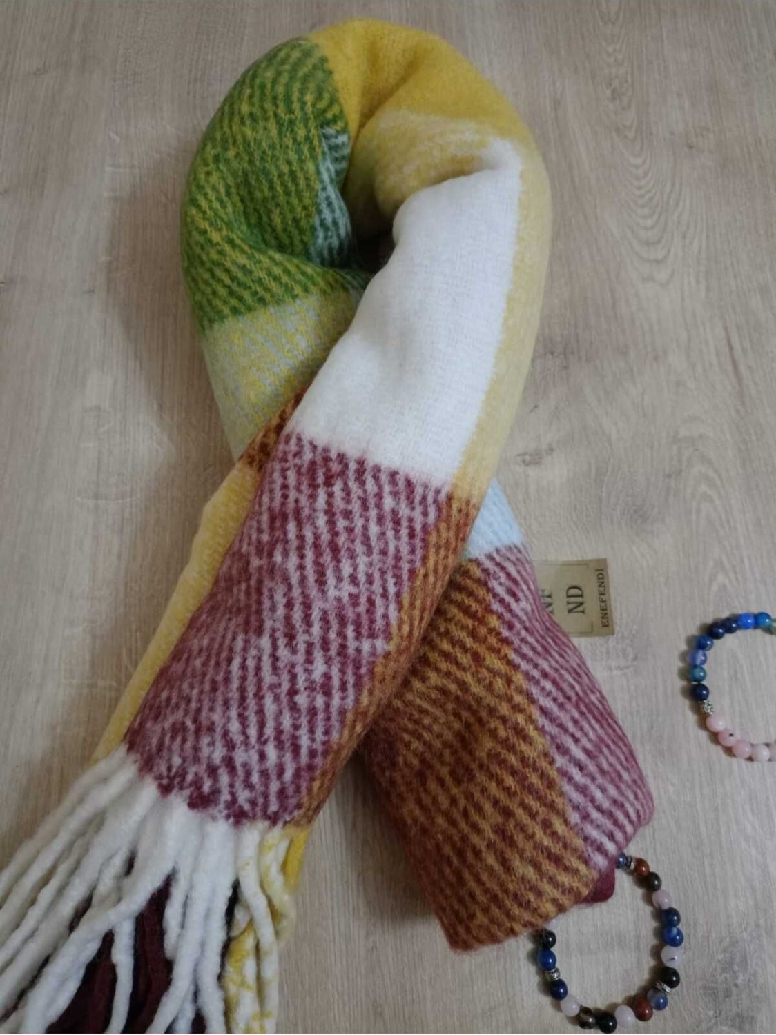 NF ND ENEFENDİ Omuz Şalı - Atkı Renkli Kareli Bordoyeşilsarı Yumuşak, Çift Taraflı Pofidik Kışlık ,sıcak 45 x 185