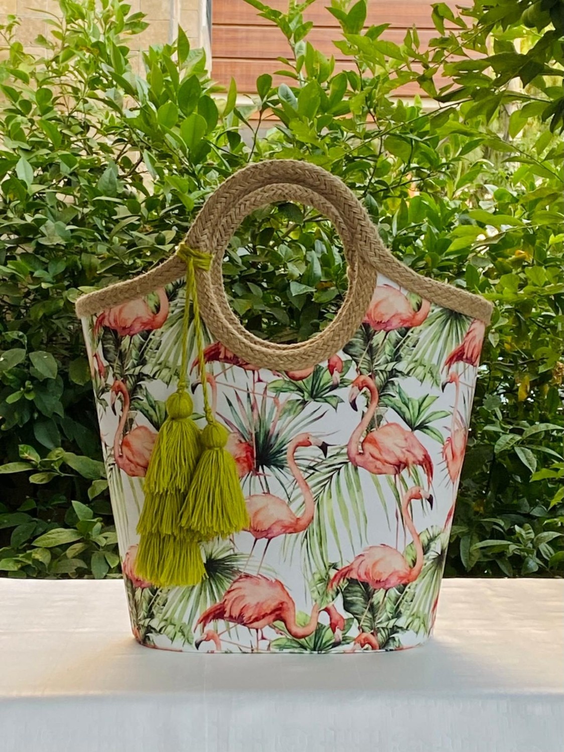 Çanta Tasarımcısı Plaj Çantası Flamingo Yeşil Yapraklı görsel 7