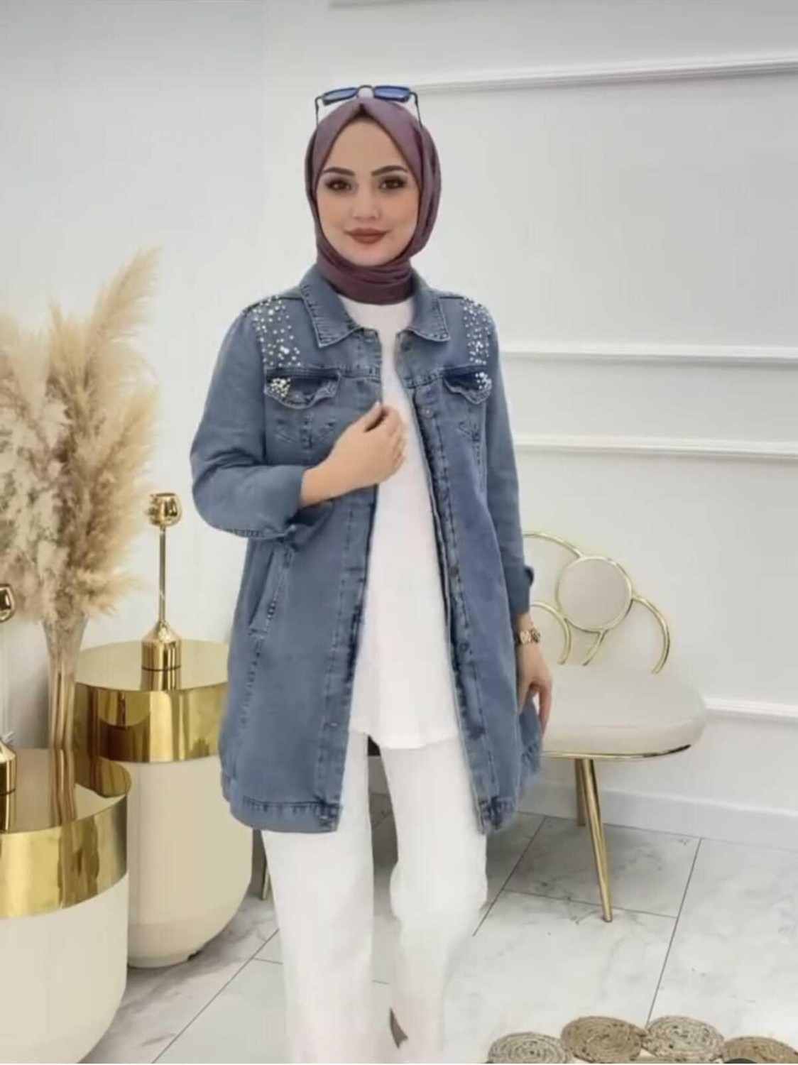 Harman Butik Kadın Taşlı Kot Ceket Mavi Dokuma Kumaş Normal Kalıp Günlük Tarz Cepli