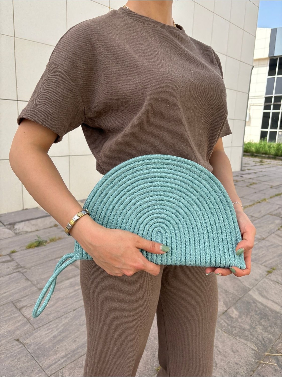 MaVaux Moss Fermuarlı Vegan Hasır Jüt Clutch Çanta Modern Tasarım Küçük Boy Suya Dayanıklı