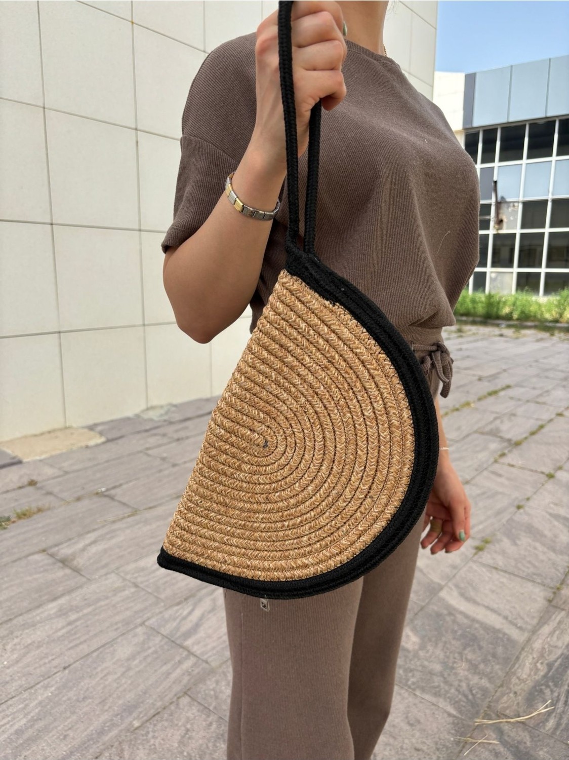 MaVaux Moss Fermuarlı Vegan Hasır Jüt Clutch Çanta Modern Tasarım Küçük Boy Suya Dayanıklı