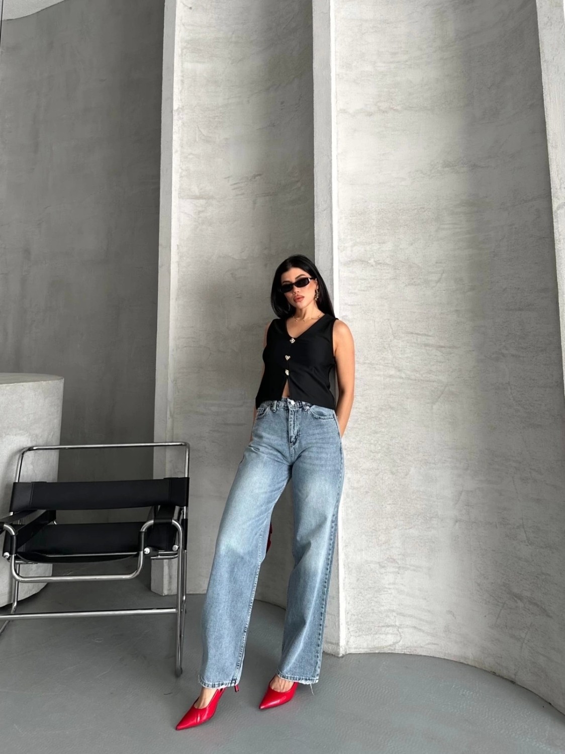 OEY Fashions Palazzo Straight Kar Yıkama Jeans Pantolon Mavi D2008