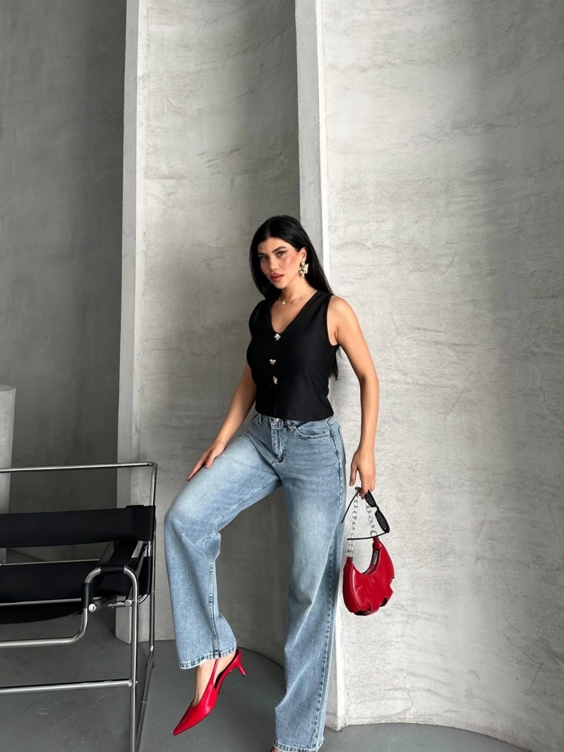 Palazzo Straight Kar Yıkama Jeans Pantolon Mavi D2008 görsel 4
