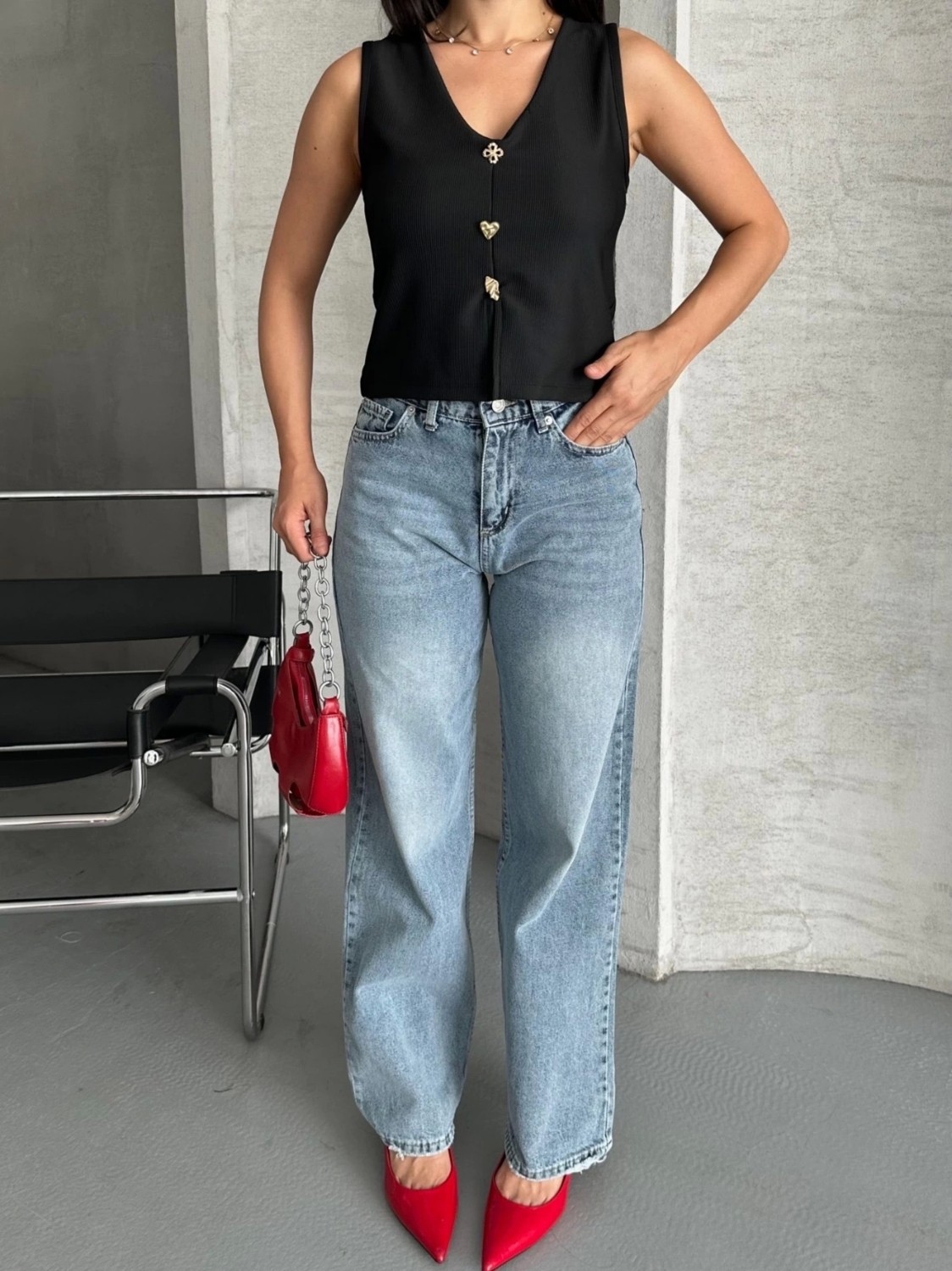Palazzo Straight Kar Yıkama Jeans Pantolon Mavi D2008 görsel 6