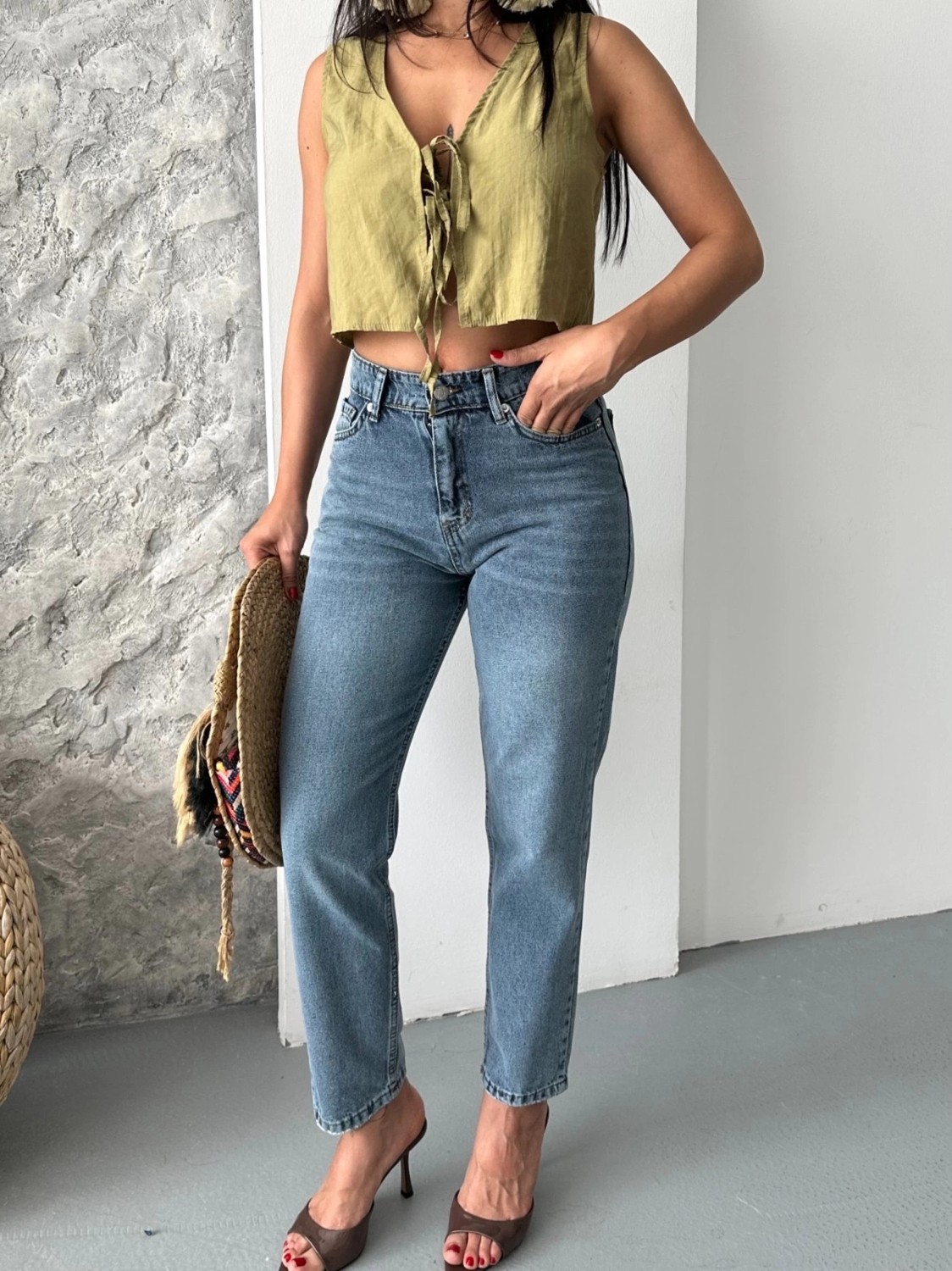 OEY Fashions Mom Fit Bıyık Kar Yıkama Jeans Pantolon Koyu Mavi D2006 görsel 3