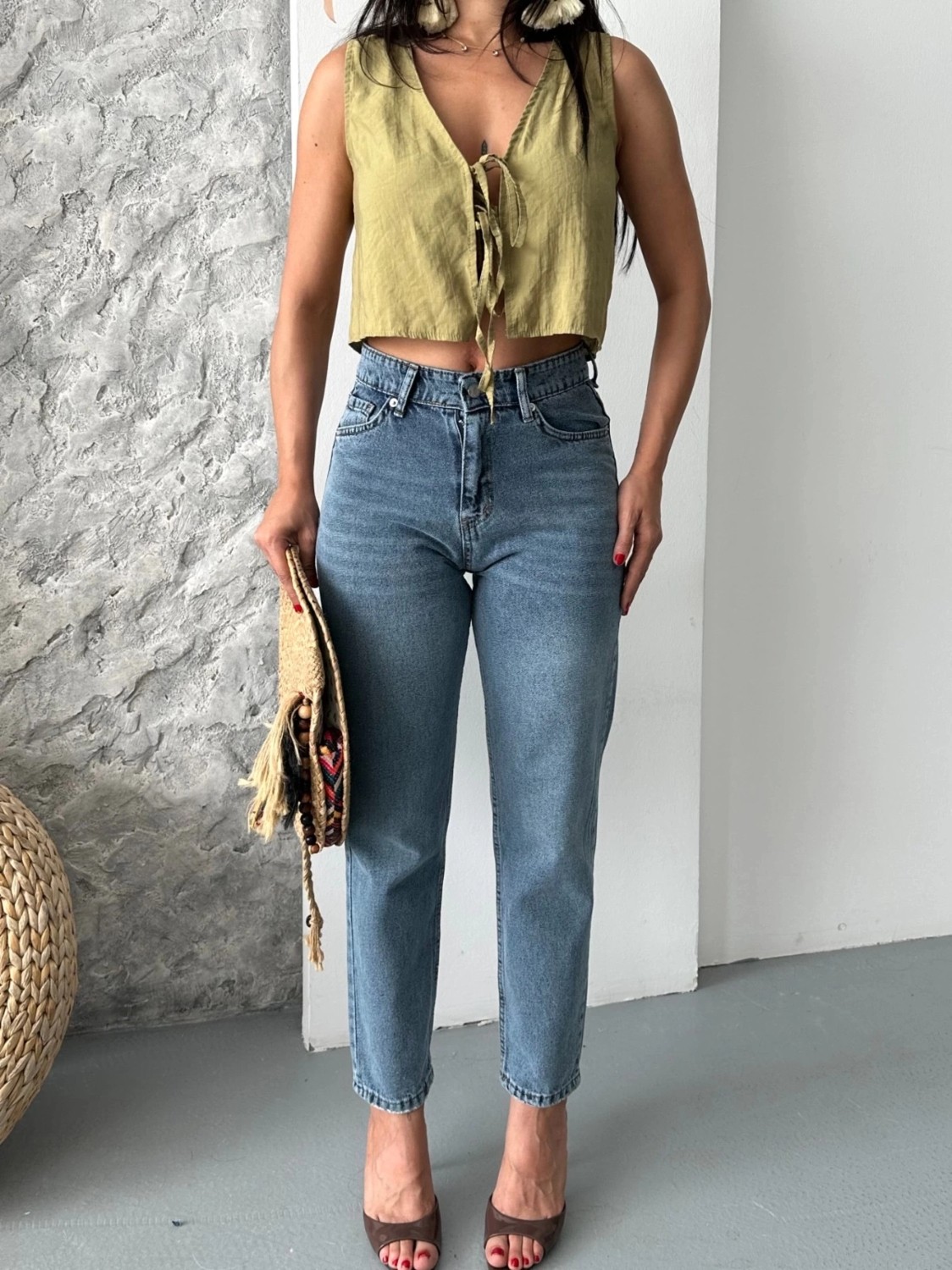 OEY Fashions Mom Fit Bıyık Kar Yıkama Jeans Pantolon Koyu Mavi D2006 görsel 5