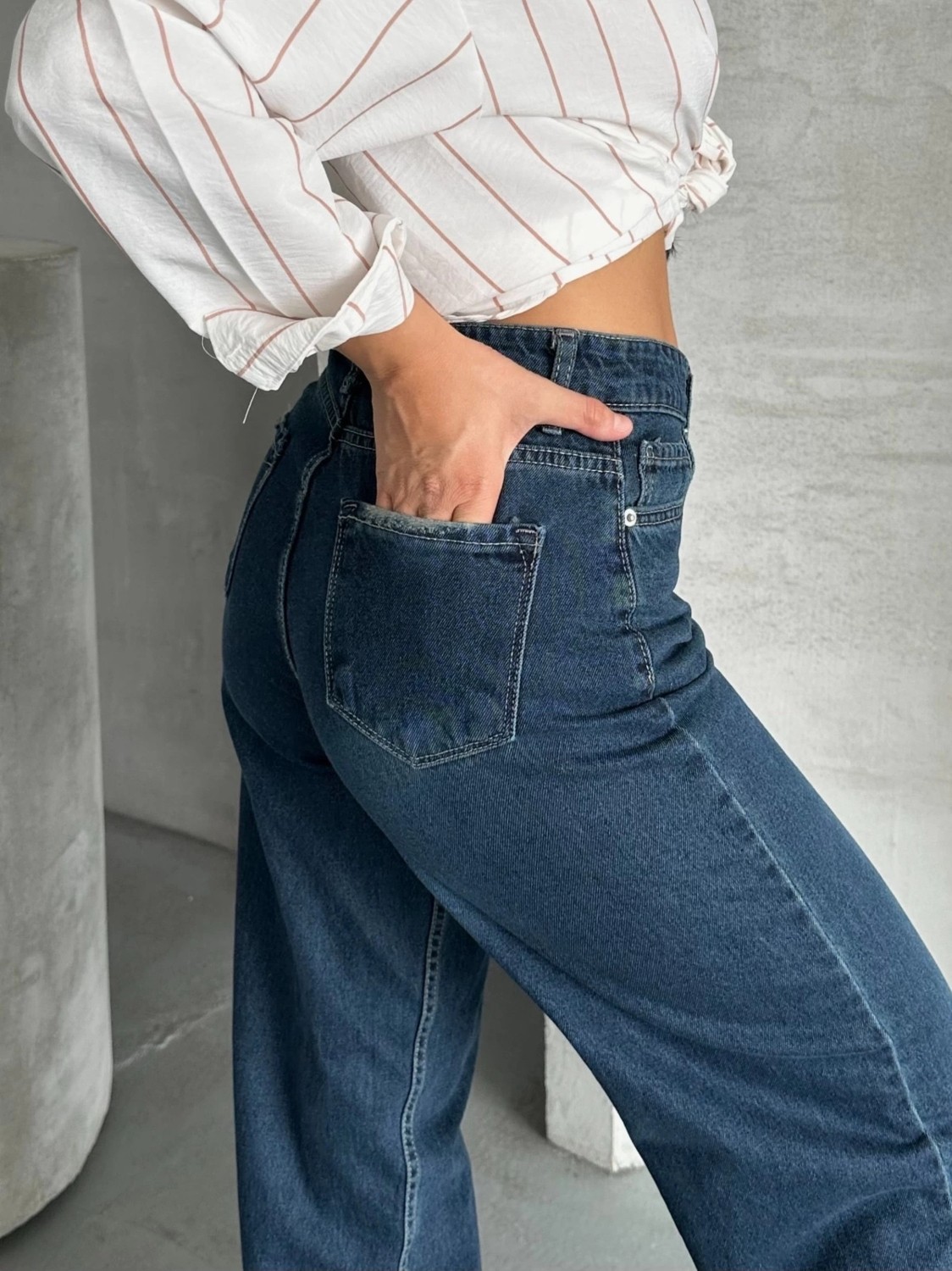 OEY Fashions Palazzo Bıyık Enzim Yıkama Jeans Pantolon Koyu Mavi D2008 görsel 3