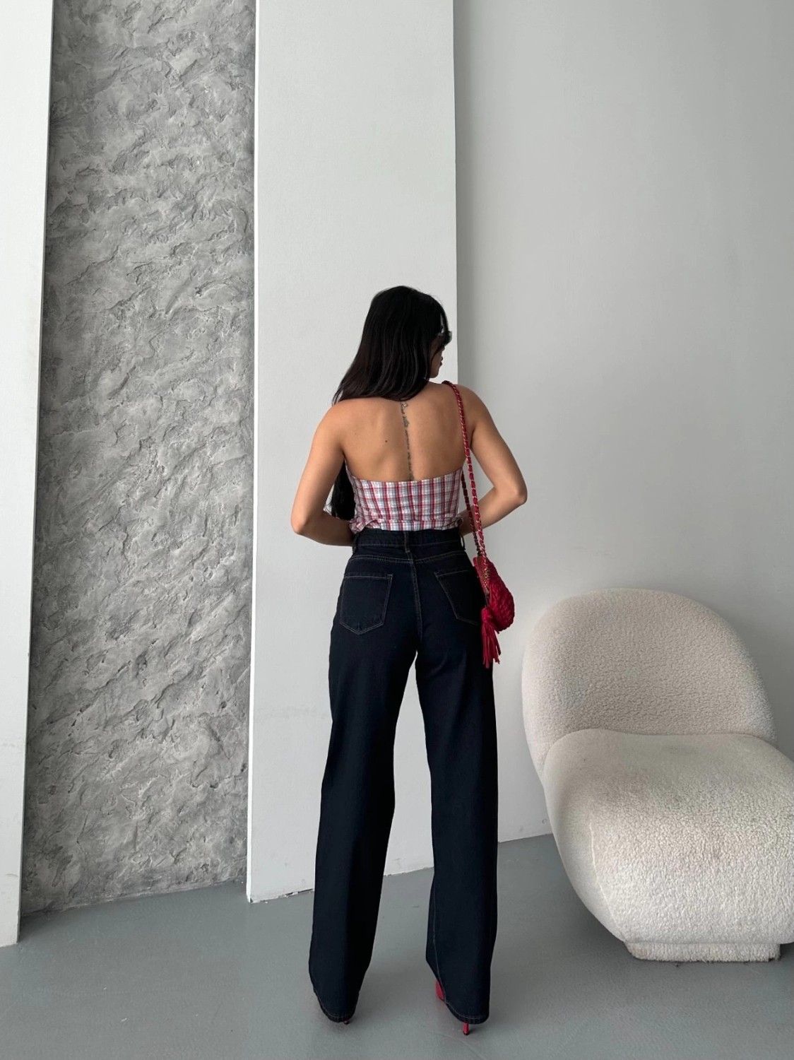 Palazzo Süper Taş Enzim Tint Yıkama Koyu Lacivert Jeans Pantolon D2008 görsel 3