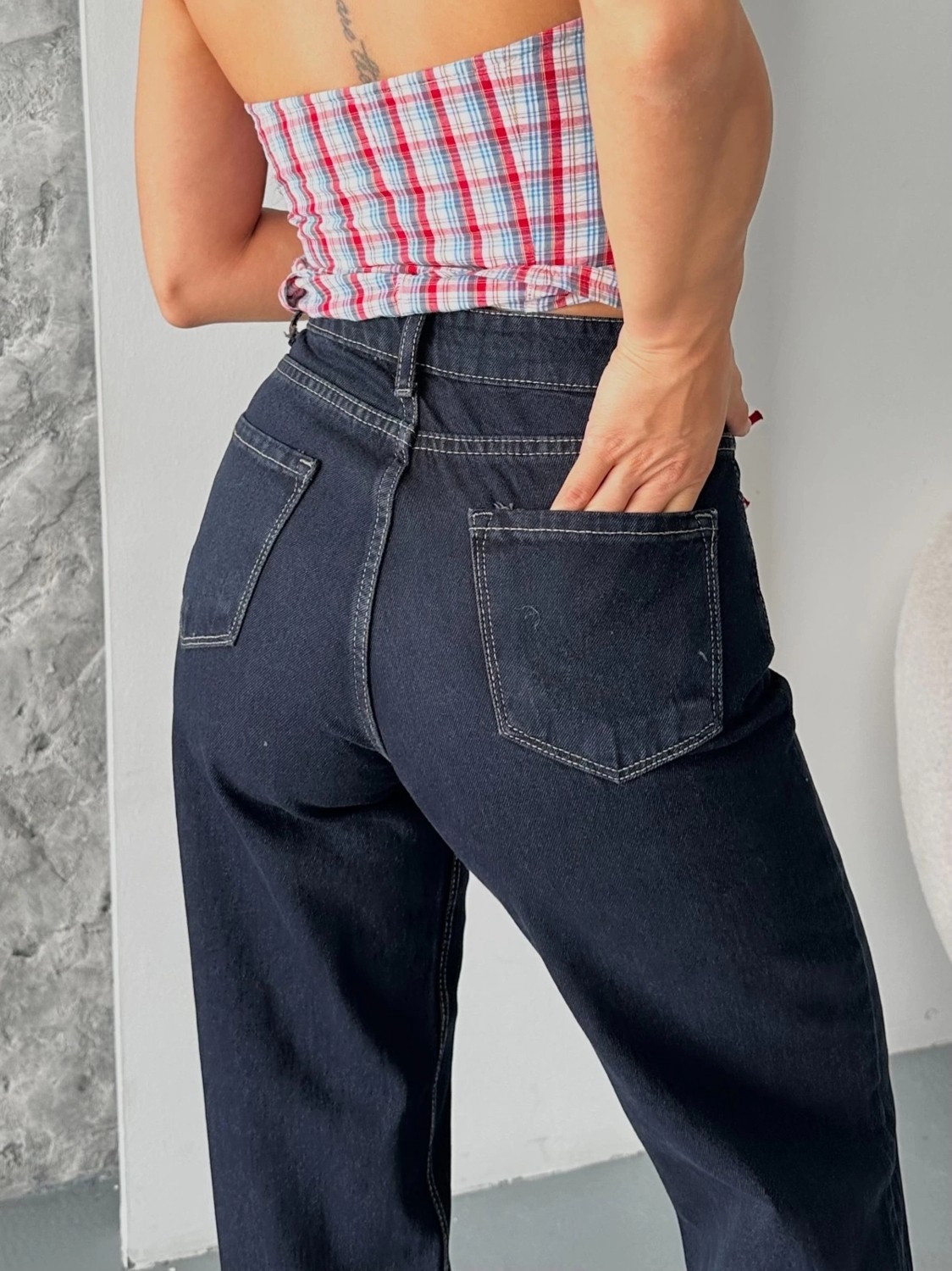 Palazzo Süper Taş Enzim Tint Yıkama Koyu Lacivert Jeans Pantolon D2008 görsel 5