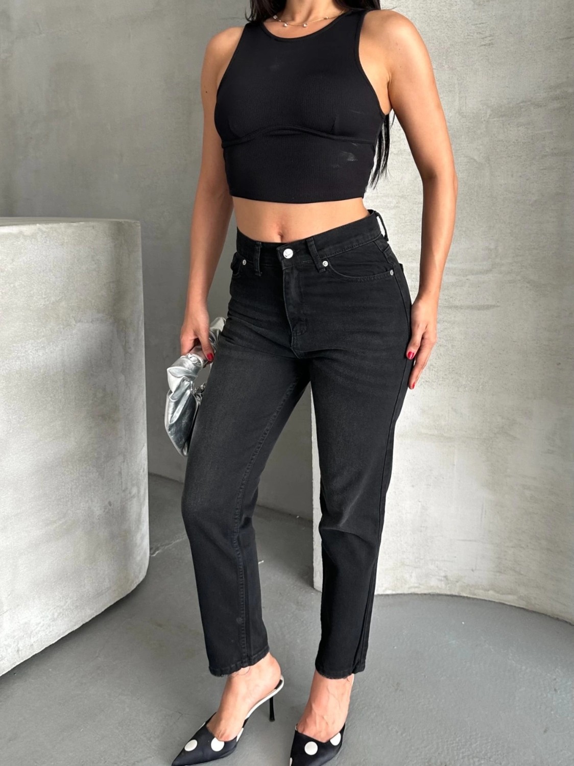 Mom Fit Enzim Bıyıklı Taş Yıkama Jeans Pantolon Siyah D2006 görsel 6
