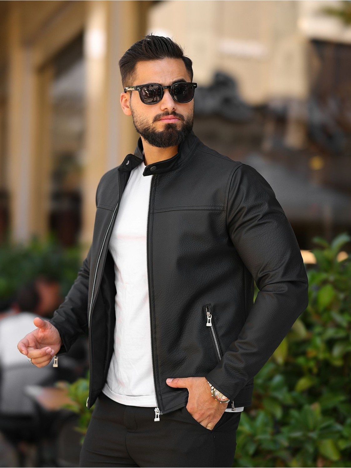 Baselco Slim Fit Erkek Ceket Suni Deri Siyah Renk Polo Yaka ve Pratik Ceplerle