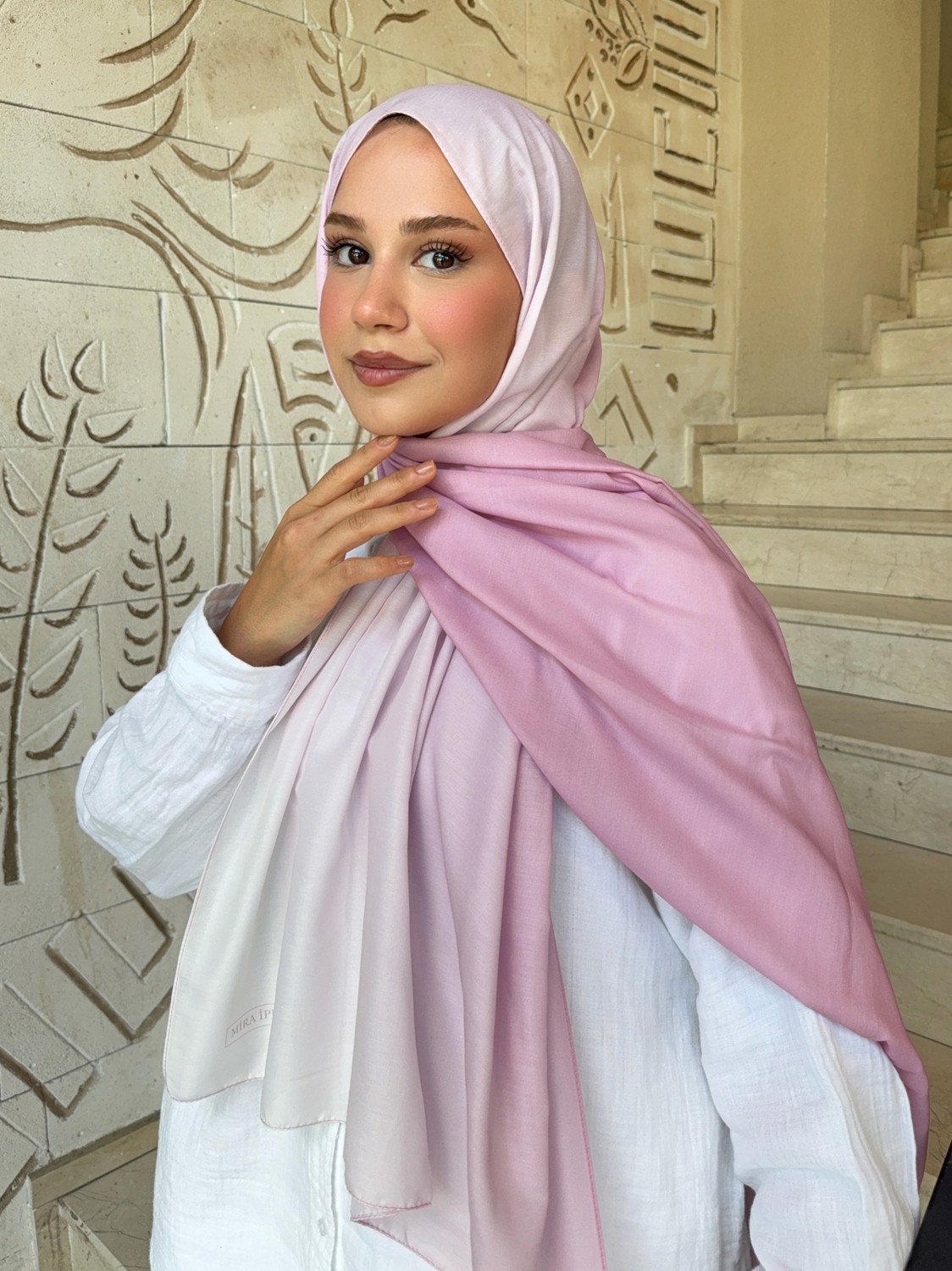 Mira İpek Retro Desenli Pamuk Şal Ebru Serisi Pembe Degrade PS51