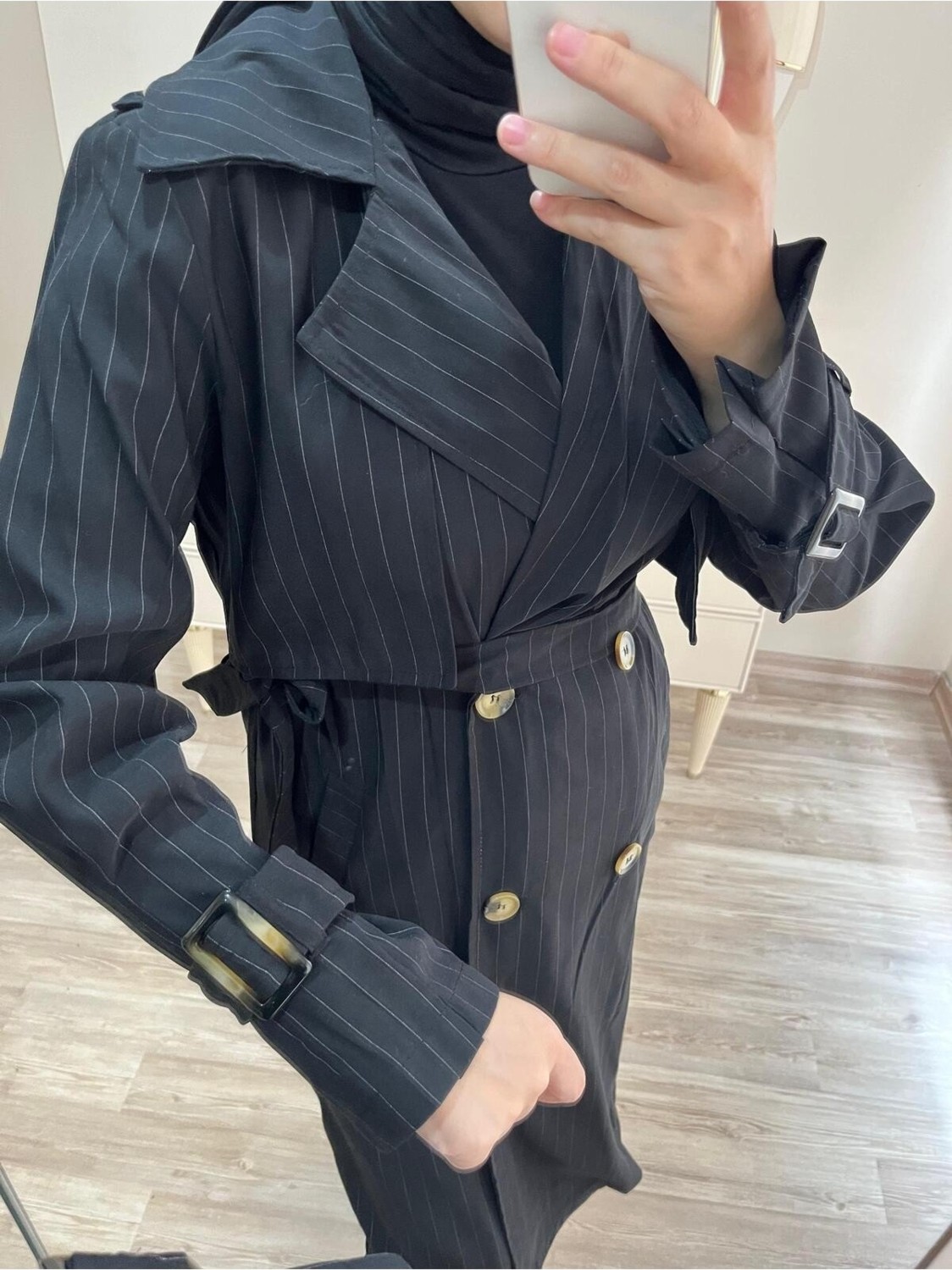 Miraydin Butik Kadın Ceket Yaka Kol Detaylı Trençkot Siyah görsel 3
