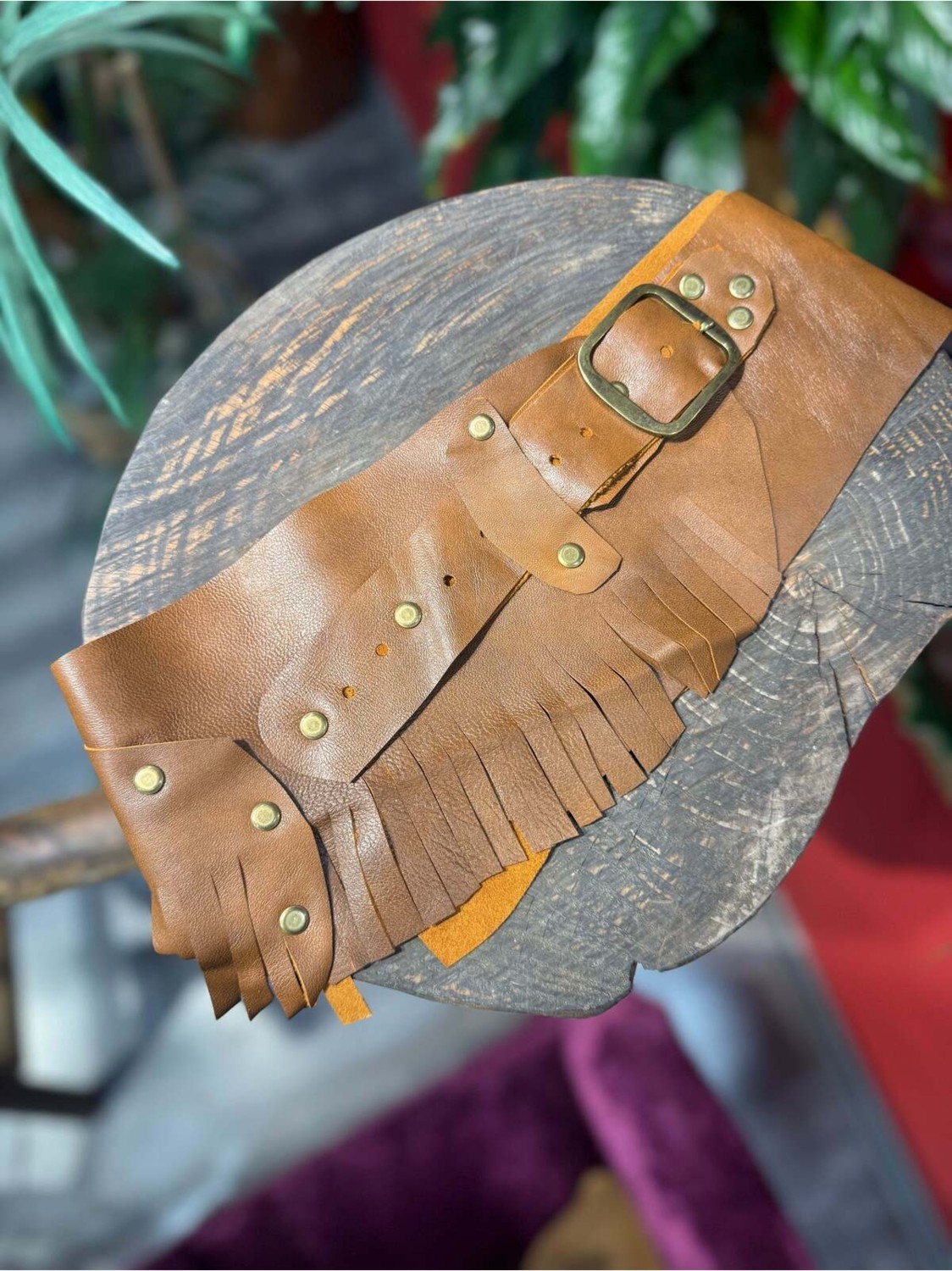 Yılday Gür Butik Helington Hakiki Deri Bohem El Yapımı Bel Kemeri, Taba & Krem görsel 2