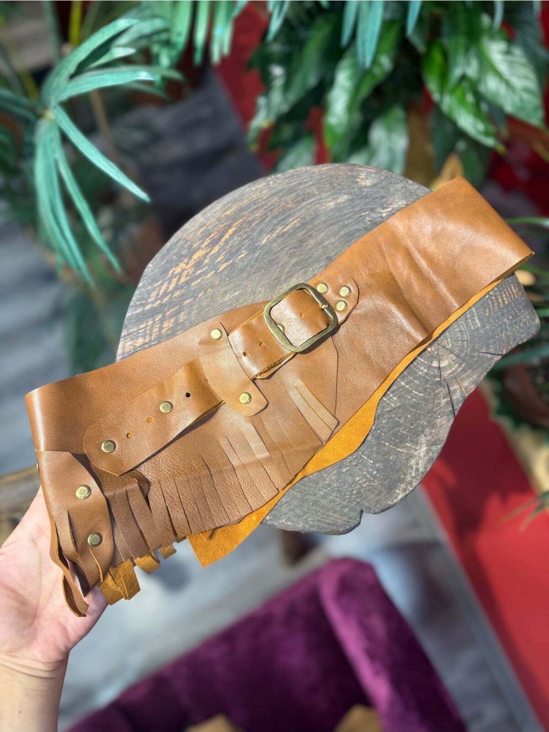 Yılday Gür Butik Helington Hakiki Deri Bohem El Yapımı Bel Kemeri, Taba & Krem görsel 3