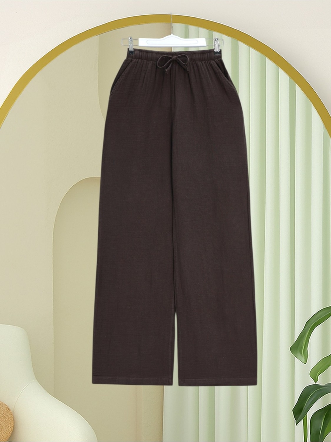 Moda Morfo Beli Lastikli Bağcıklı Bol Paça Müslin Pantolon -Haki