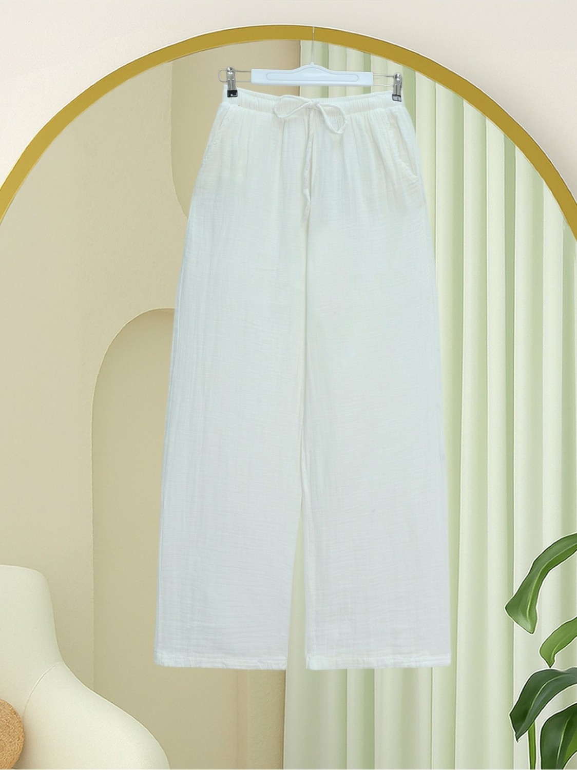 Moda Morfo Beli Lastikli Bağcıklı Bol Paça Müslin Pantolon -Haki görsel 4