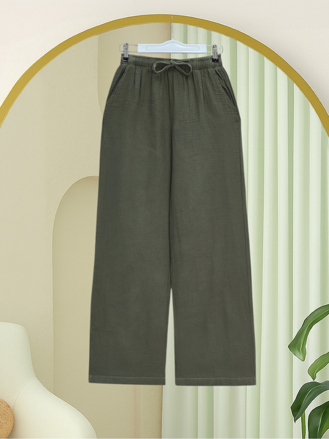 Moda Morfo Beli Lastikli Bağcıklı Bol Paça Müslin Pantolon -Haki görsel 7