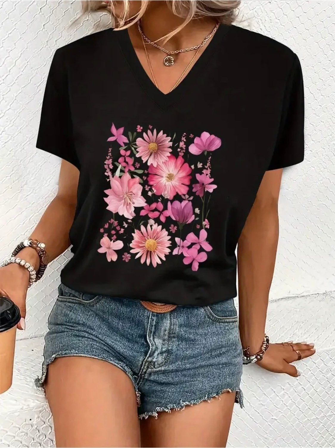 Mercoledi Çiçek Baskılı Kadın Oversize V Yaka T-Shırt görsel 3